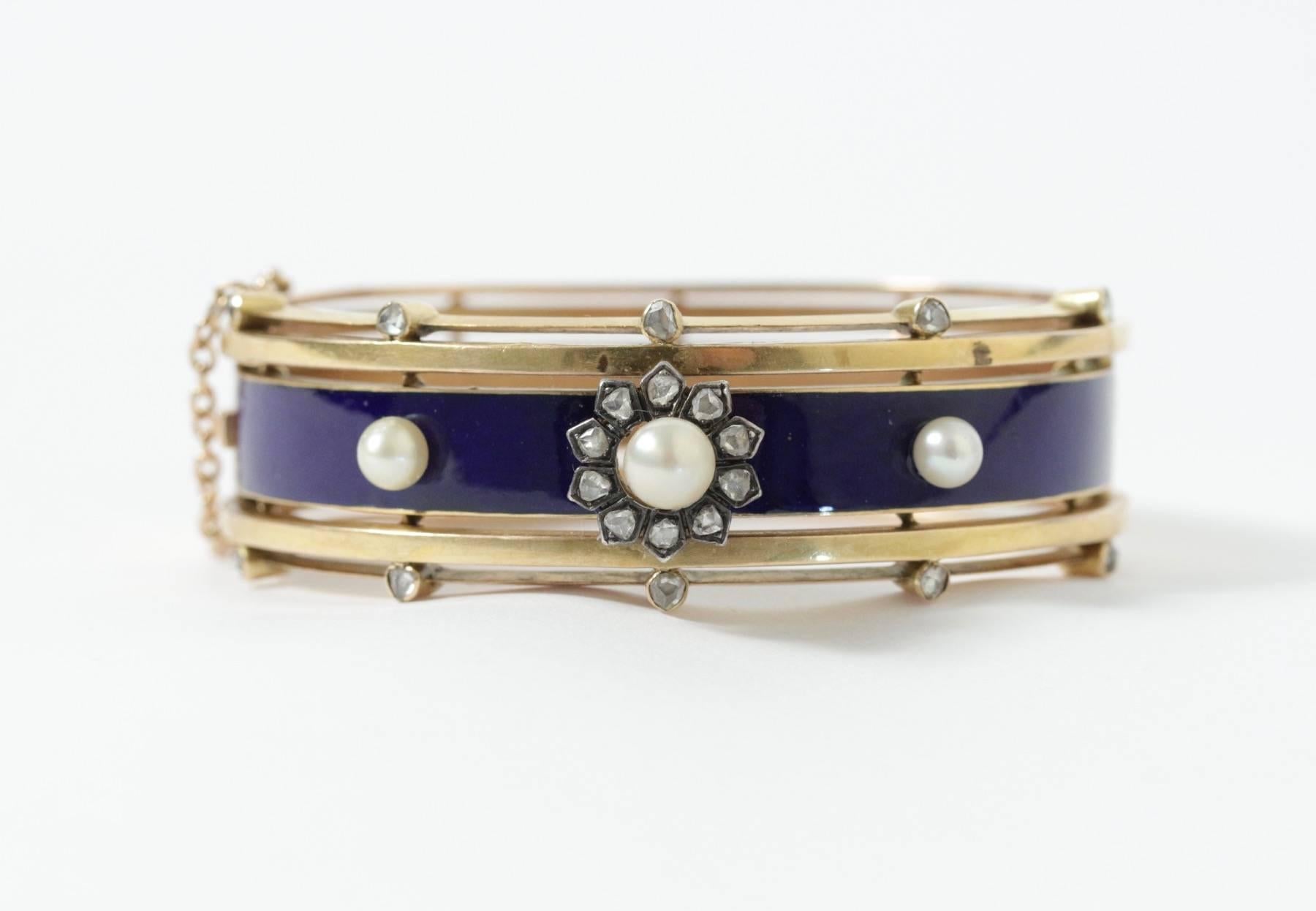Antique French Napoleon III Enamel Diamond Pearl Gold Bangle Bracelet 4
