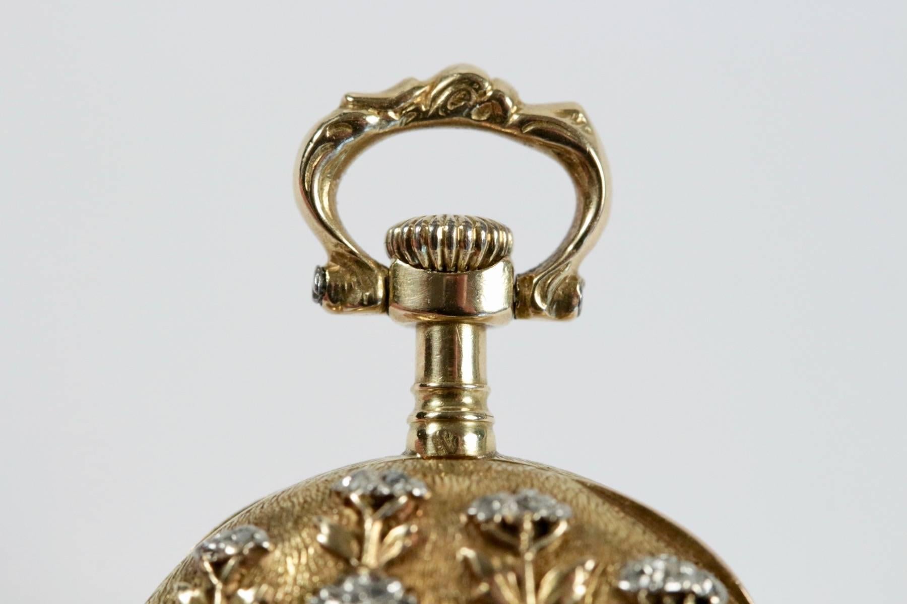 Art Nouveau French Omega Ladies Gold Diamond Mechanical movement Pocket Watch In Good Condition For Sale In Saint-Ouen, FR