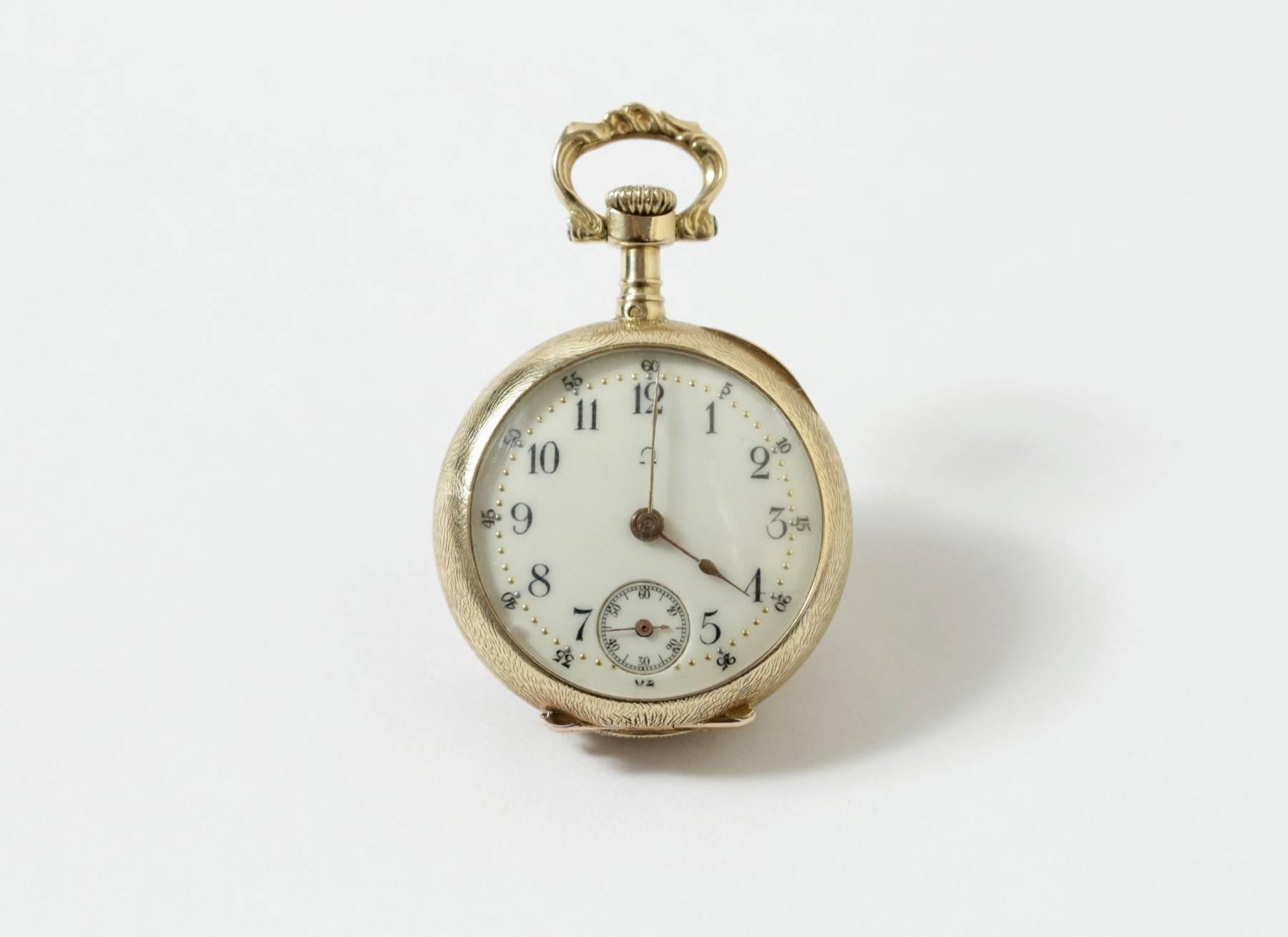 Art Nouveau French Omega Ladies Gold Diamond Mechanical movement Pocket Watch For Sale 2