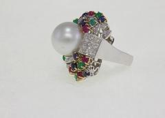 Multicolor Stones Pearl Diamond Gold Ring
