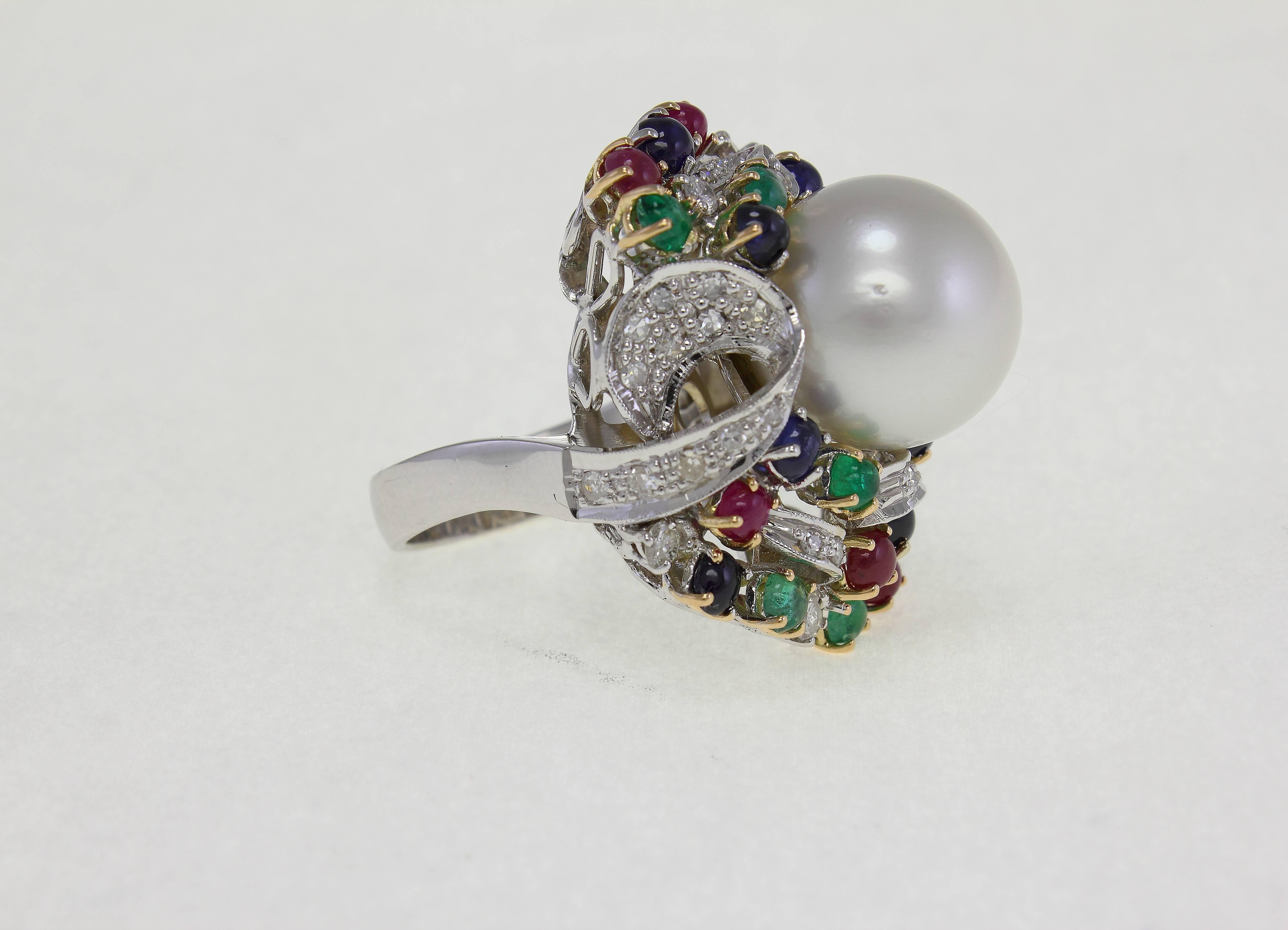 Contemporary Multicolor Stones Pearl Diamond Gold Ring