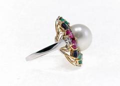 Australian Pearl, Rubies Emeralds and Sapphires Drops, White and Rose Gold Ring