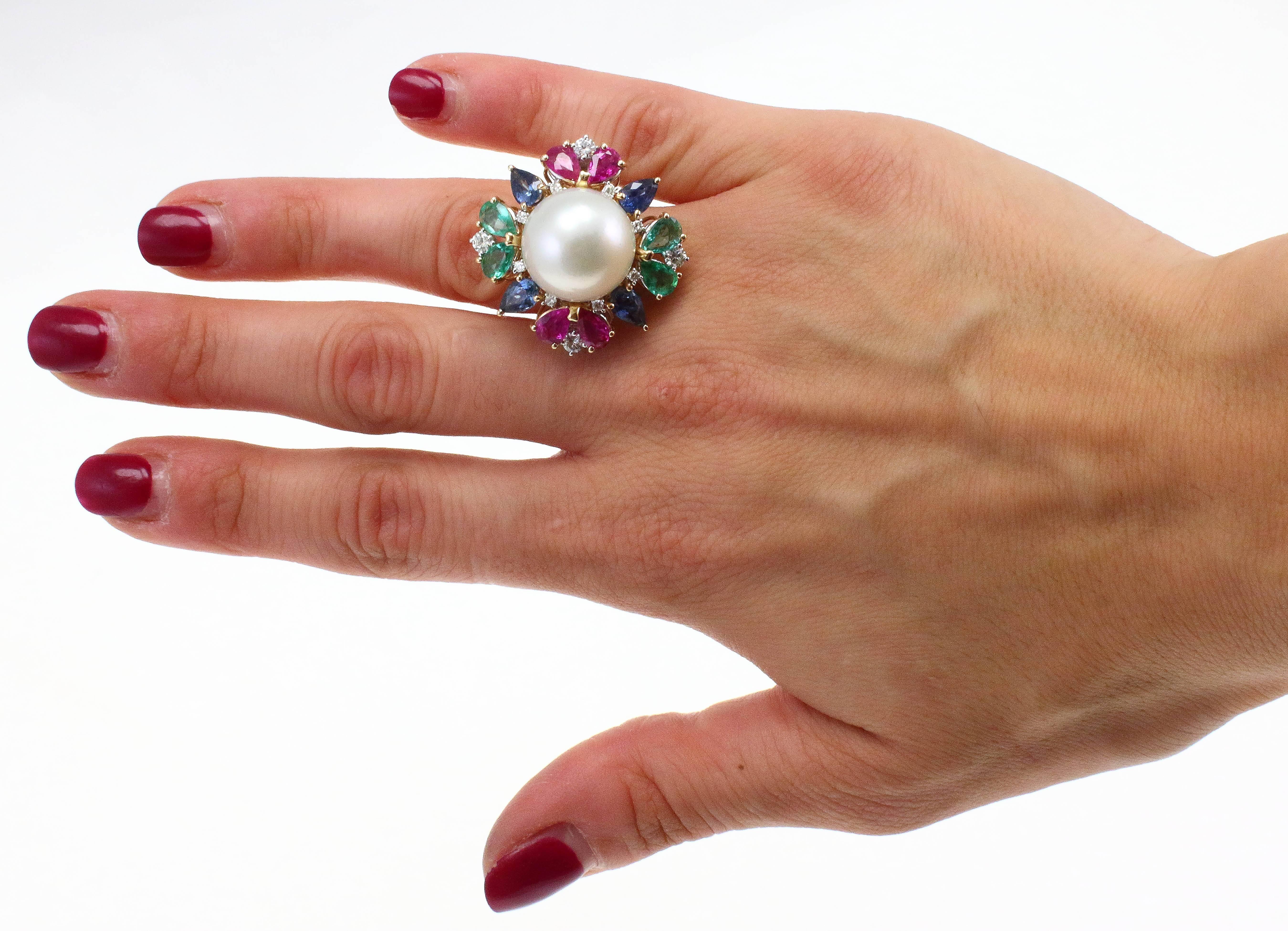 Retro Australian Pearl, Rubies Emeralds and Sapphires Drops, White and Rose Gold Ring