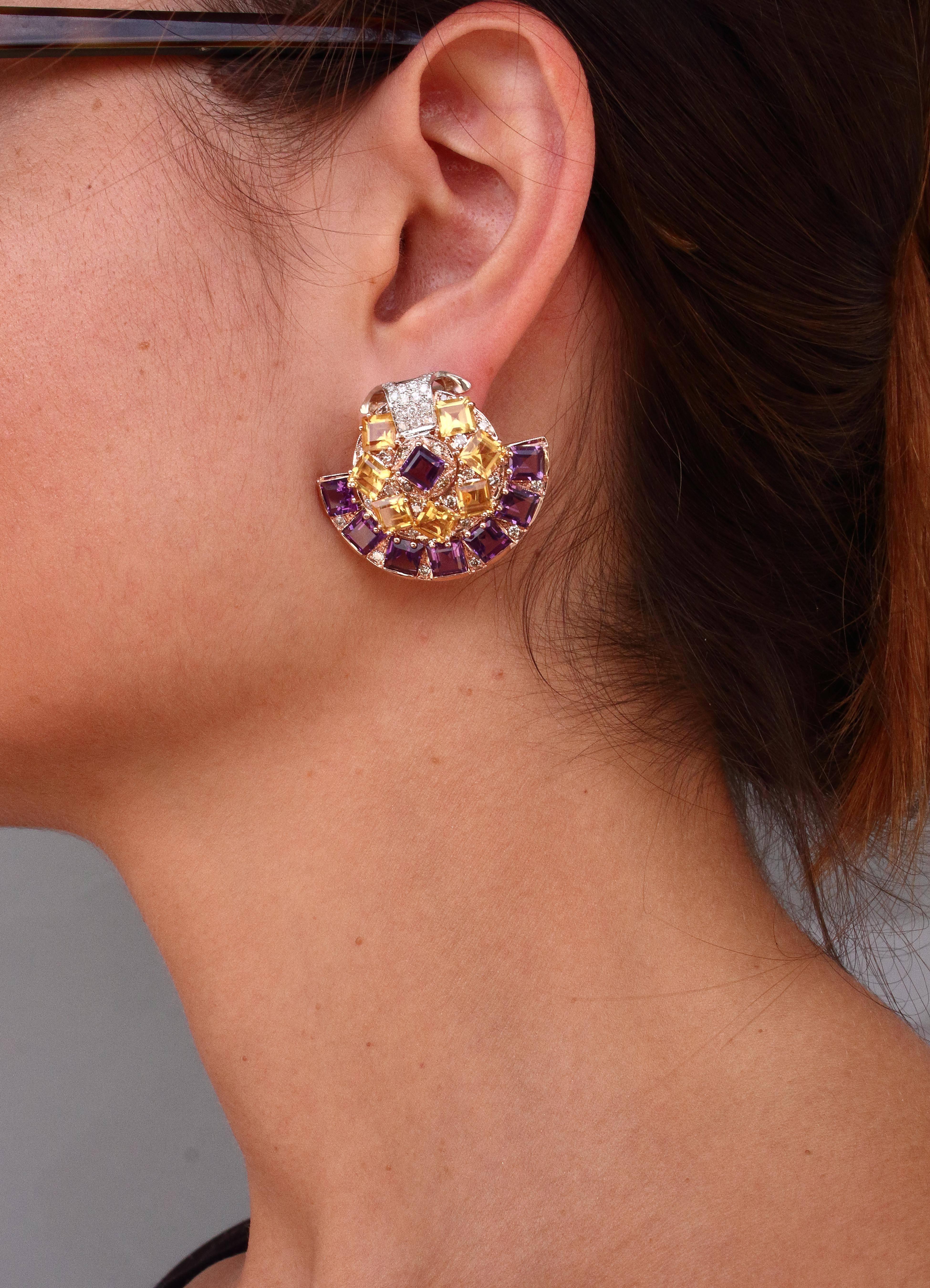 Women's Amethyst Topaz Diamond Gold Fan Earrings For Sale