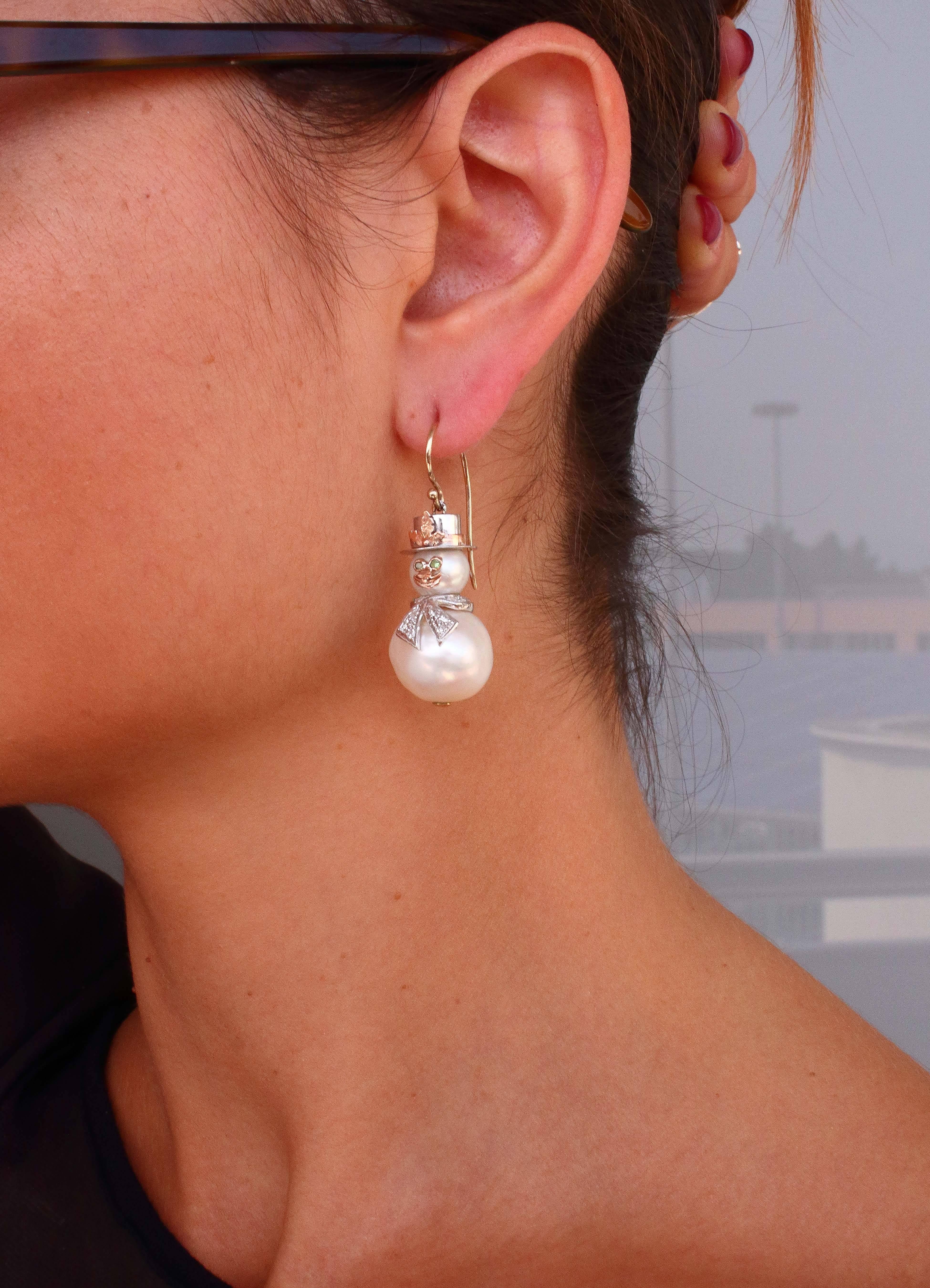 Contemporary Pearl &  Diamond Gold Snowman Earrings 