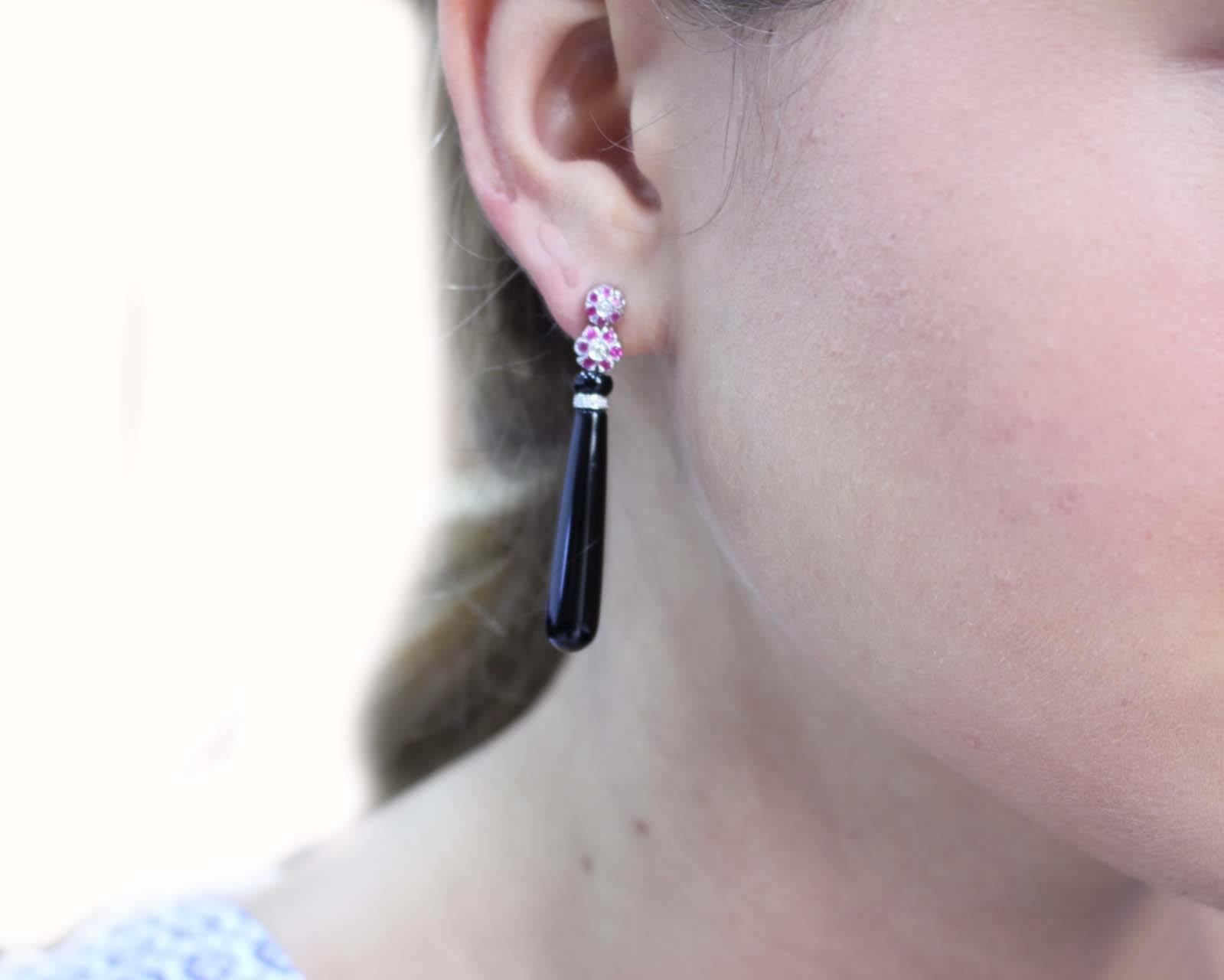  Ruby Diamond Onyx Drop gold Earrings In Good Condition In Marcianise, Marcianise (CE)
