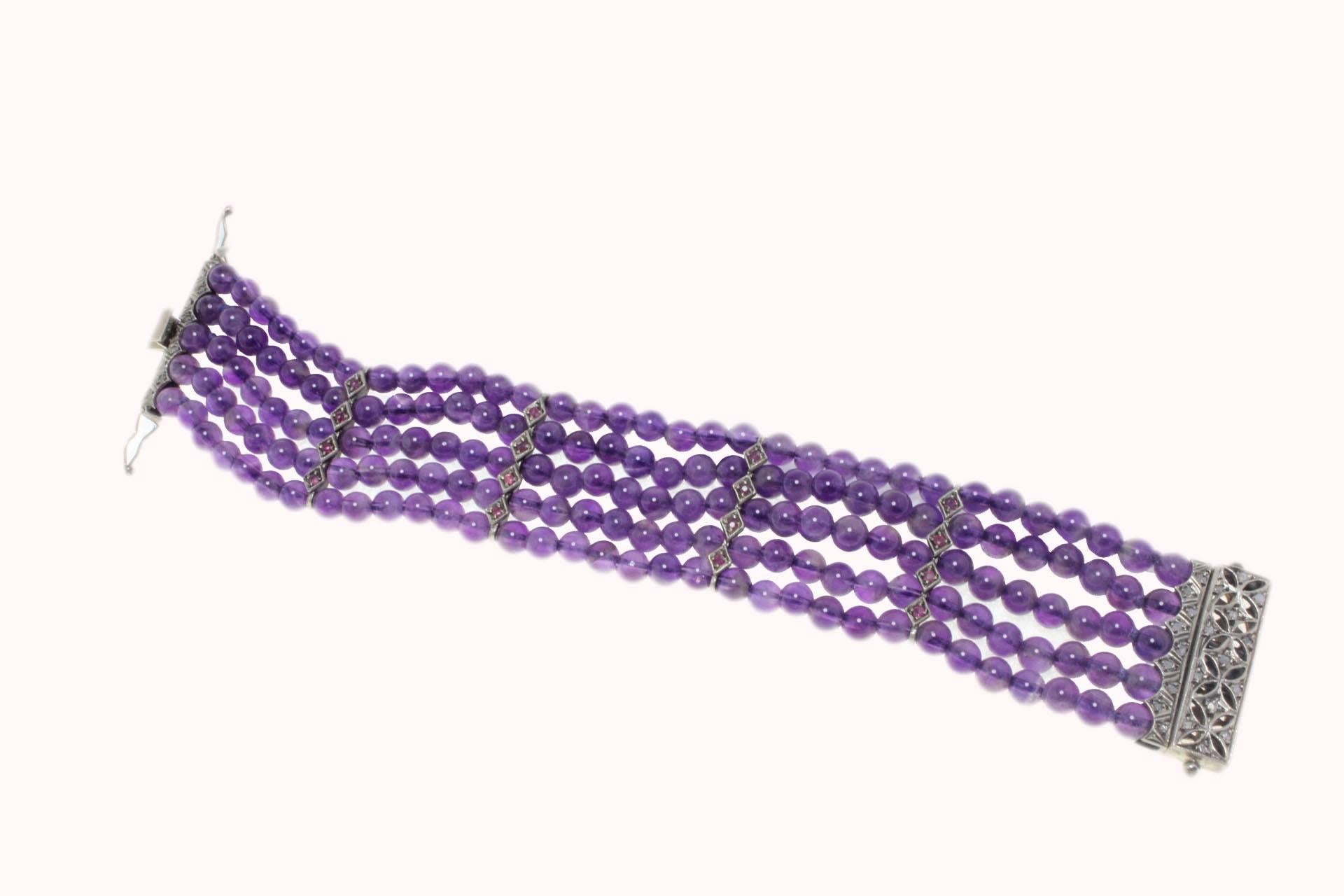 Retro Amethyst Beads Diamonds Rubies and Gold Bracelet For Sale