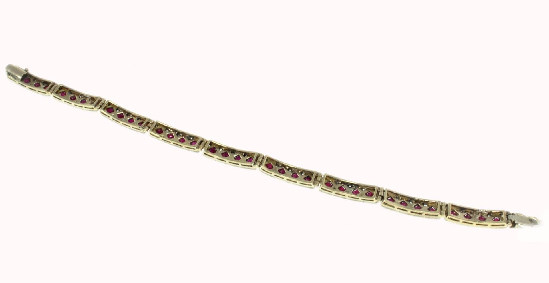  Diamonds and Rubies Rose Gold and Silver Retro Bracelet In Good Condition In Marcianise, Marcianise (CE)