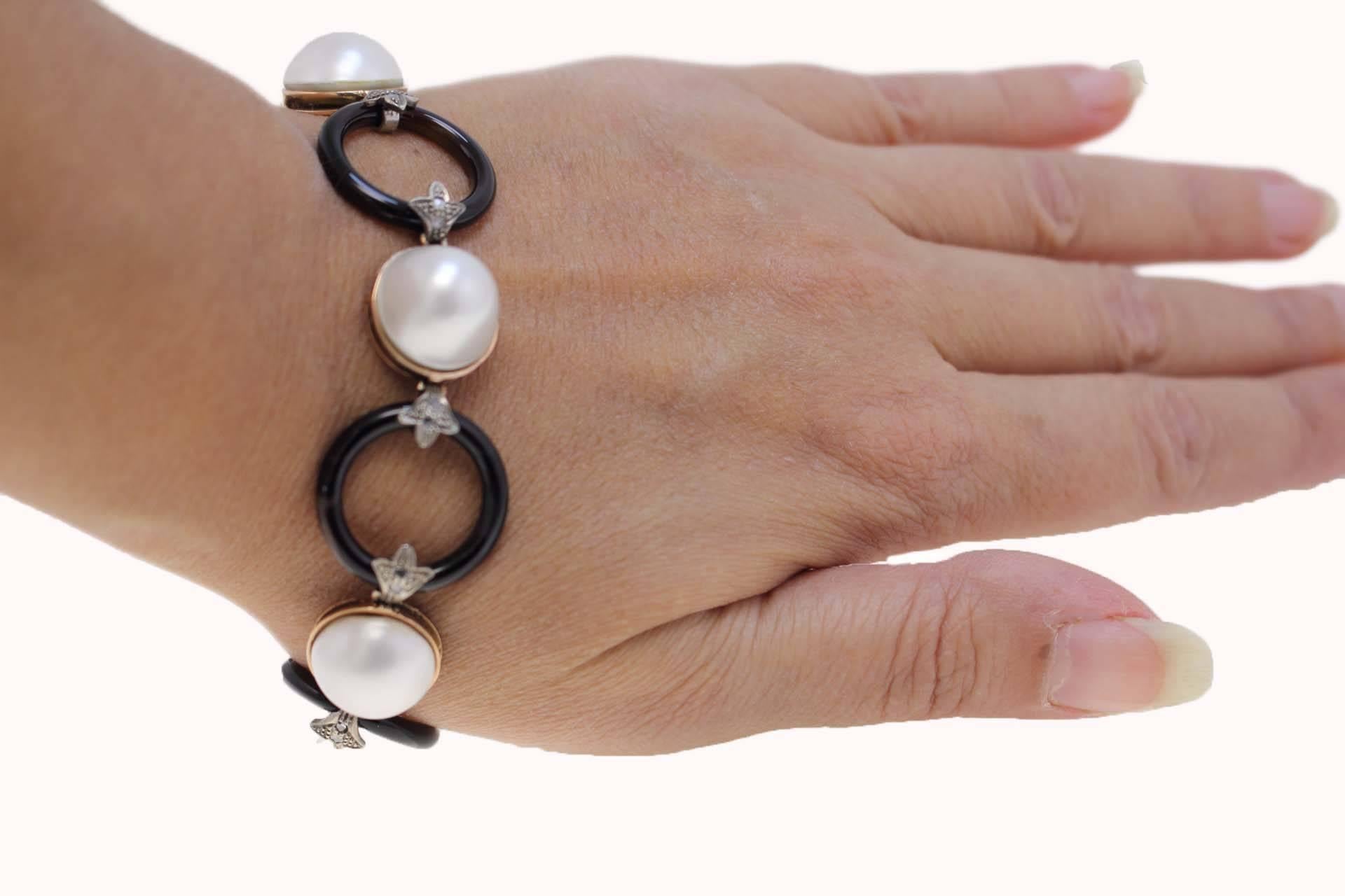Women's or Men's  Rose Gold and Silver, Pearls, Diamonds and Onyx Link Bracelet