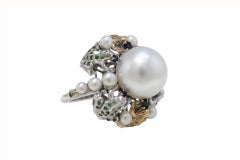 Rose and White Gold Australian Pearls Diamonds Sapphires and Zavorite Frog Ring