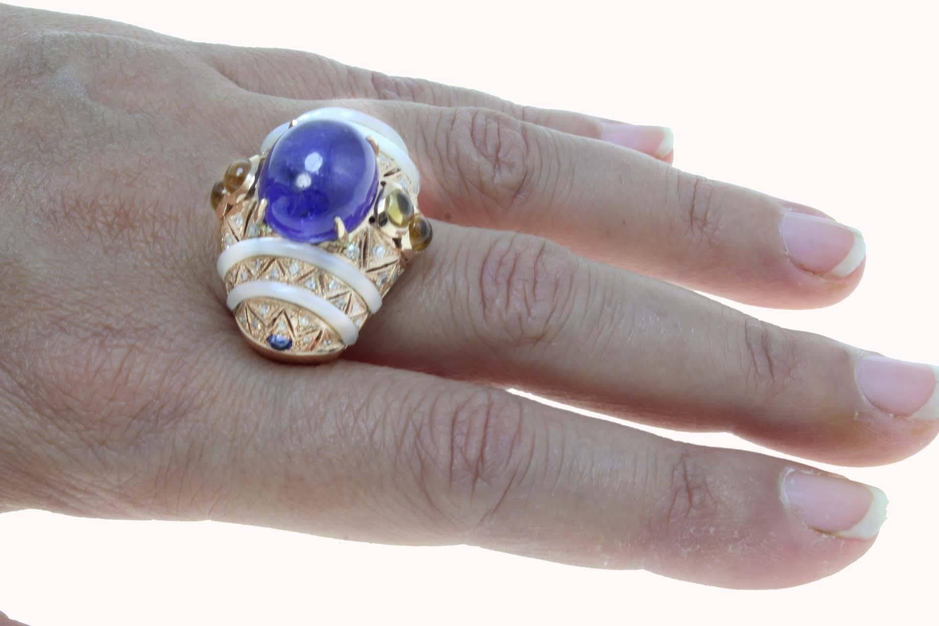 Women's or Men's Rose Gold, Diamonds, Tanzanite, Sapphire, Mother-of-Pearl and Topazes Ring