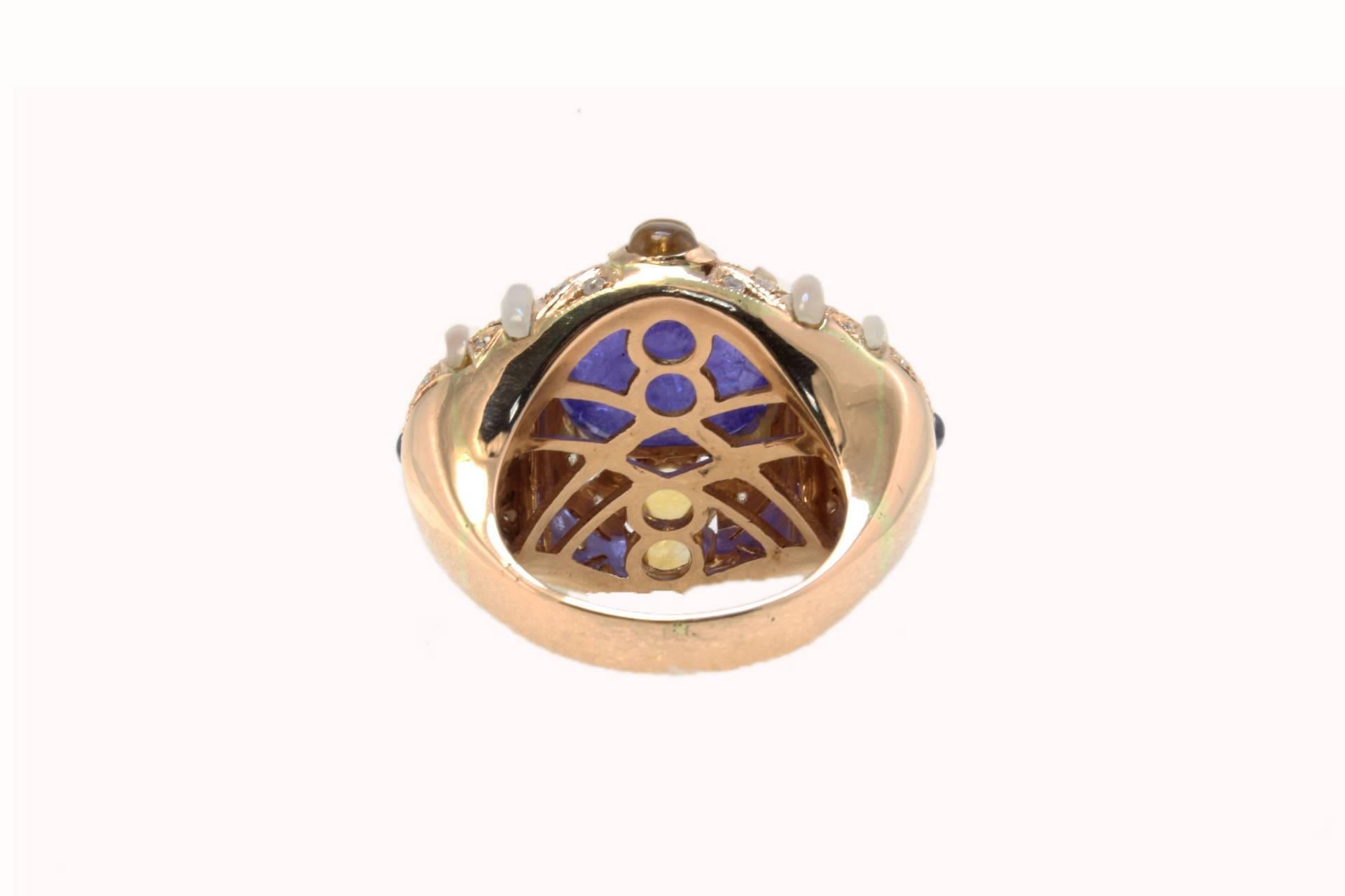 Retro Rose Gold, Diamonds, Tanzanite, Sapphire, Mother-of-Pearl and Topazes Ring