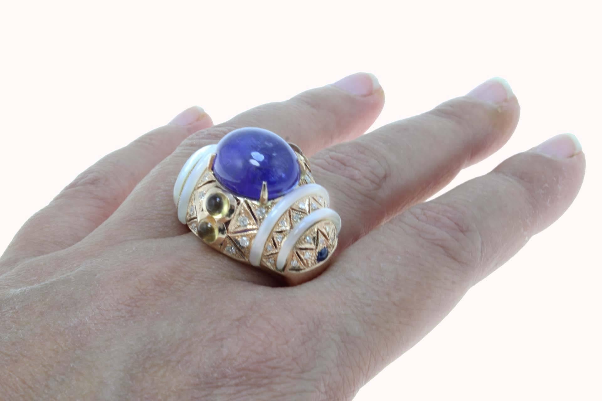 Rose Gold, Diamonds, Tanzanite, Sapphire, Mother-of-Pearl and Topazes Ring 1