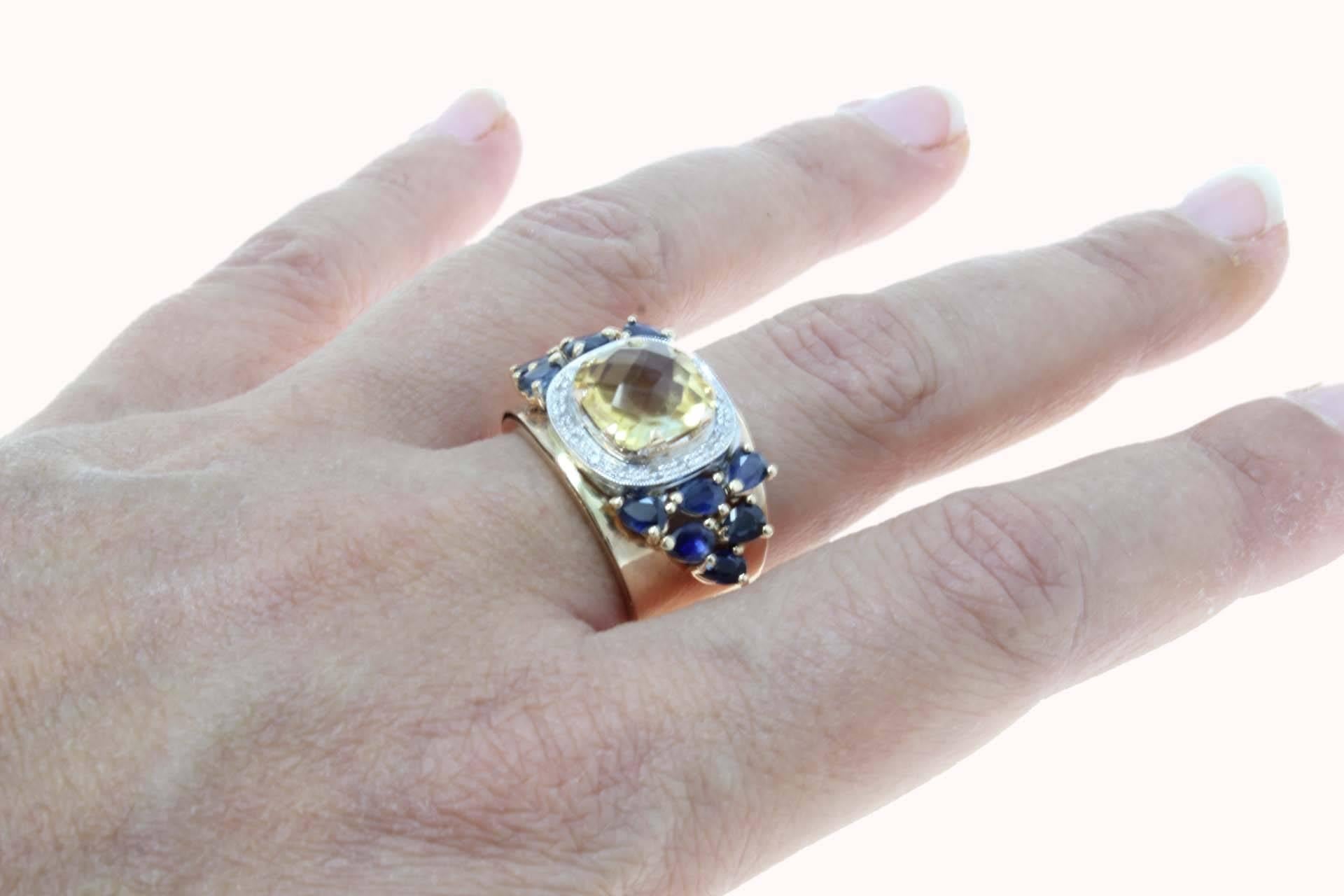 Luise Rose Gold Diamonds Topaz and Blue Sapphire Ring In Good Condition In Marcianise, Marcianise (CE)