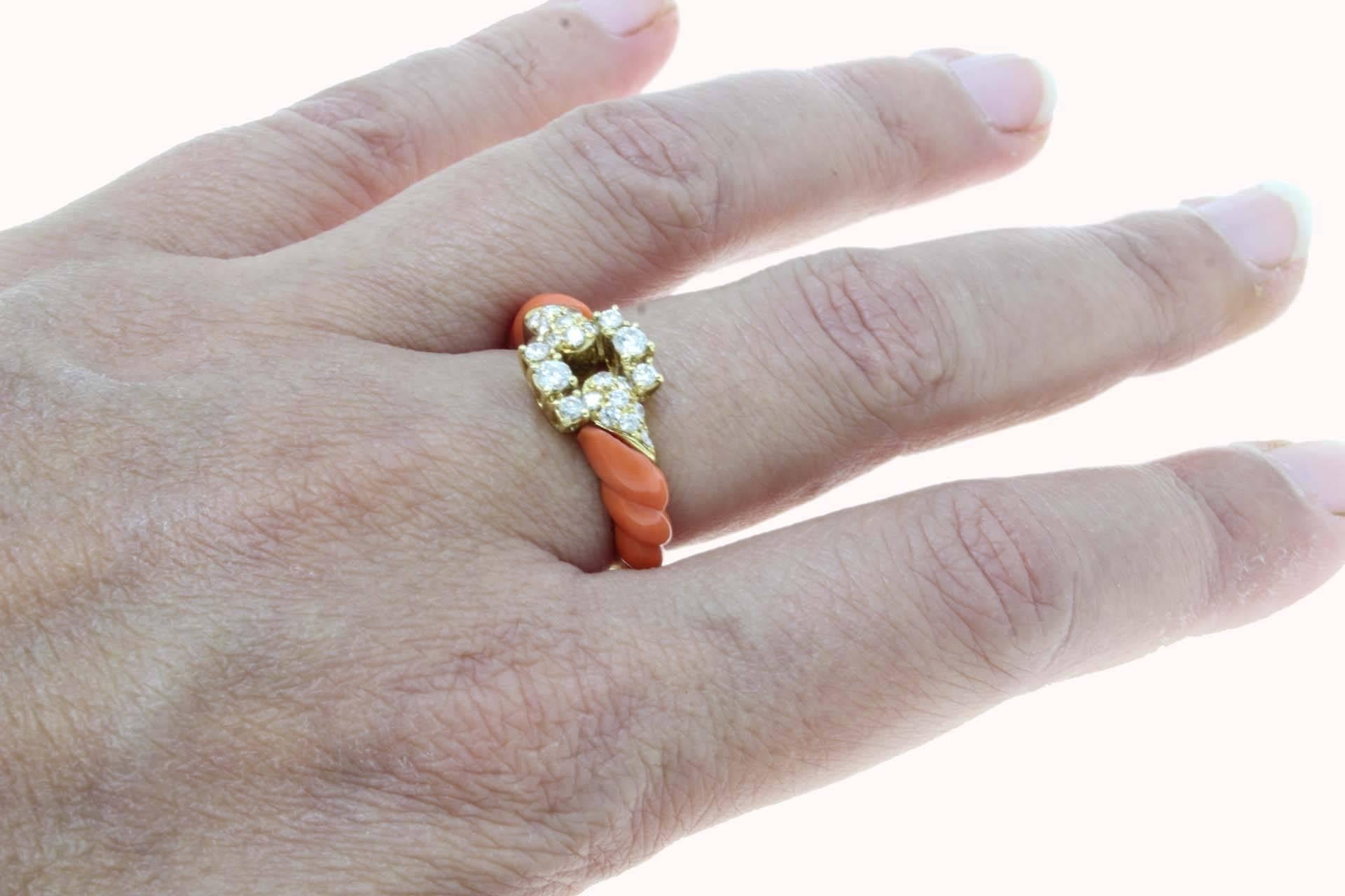 Mixed Cut Yellow Gold Diamonds and Coral Ring For Sale