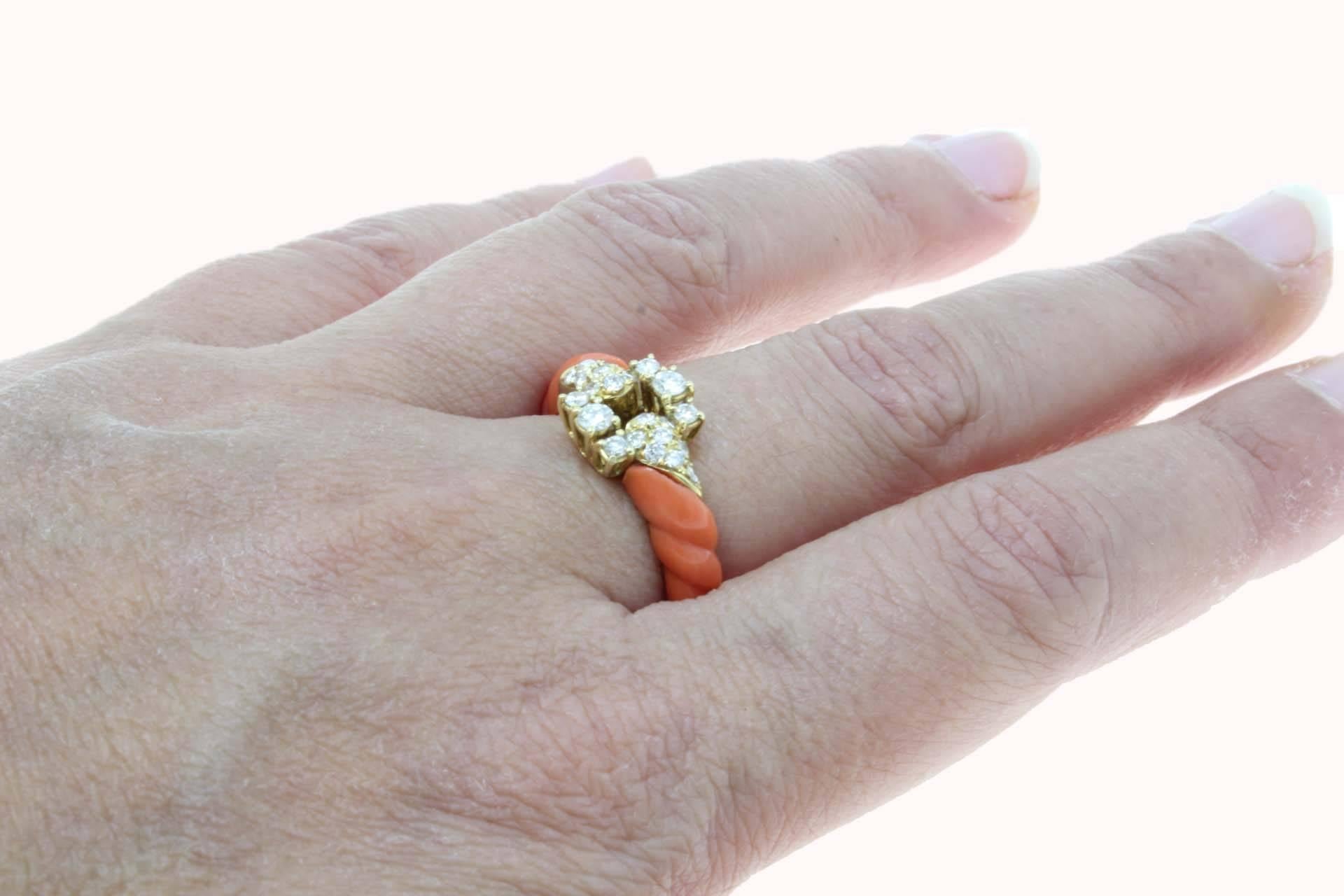 Retro Yellow Gold Diamonds and Coral Ring For Sale