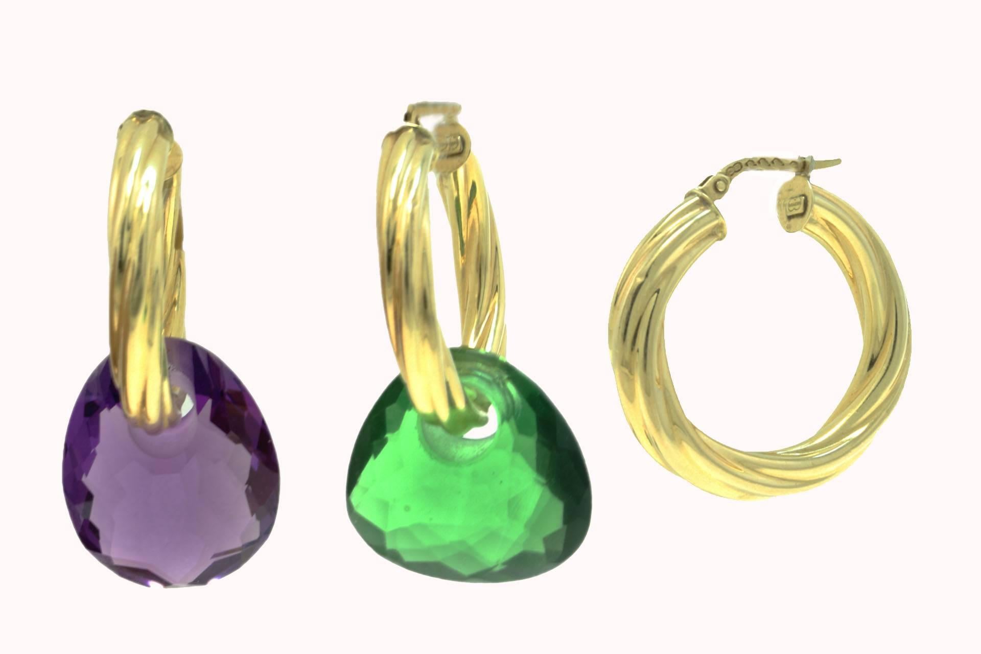 Fancy hoop earrings, they have been made to be wear in all the occasions and also, you can change as you feel. The quartz stones are changeable, you can choose between the green and the purple quartz to add to the earrings, mix them or just wear