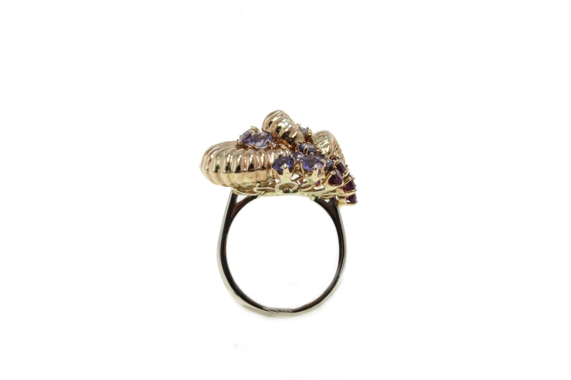 Women's or Men's Rose Gold Garnets Ioliote and Diamonds Cluster Ring
