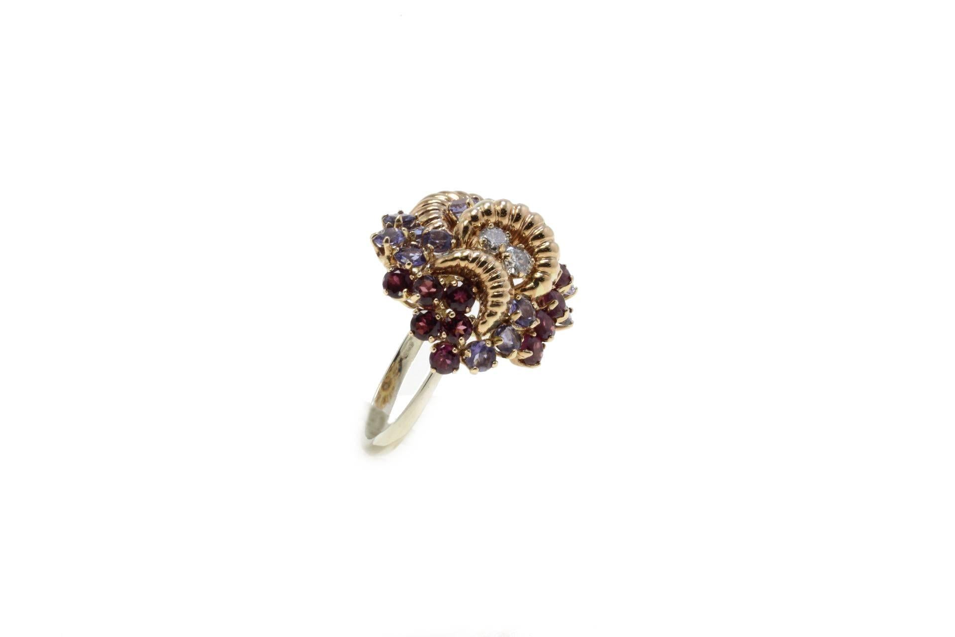 Retro Rose Gold Garnets Ioliote and Diamonds Cluster Ring