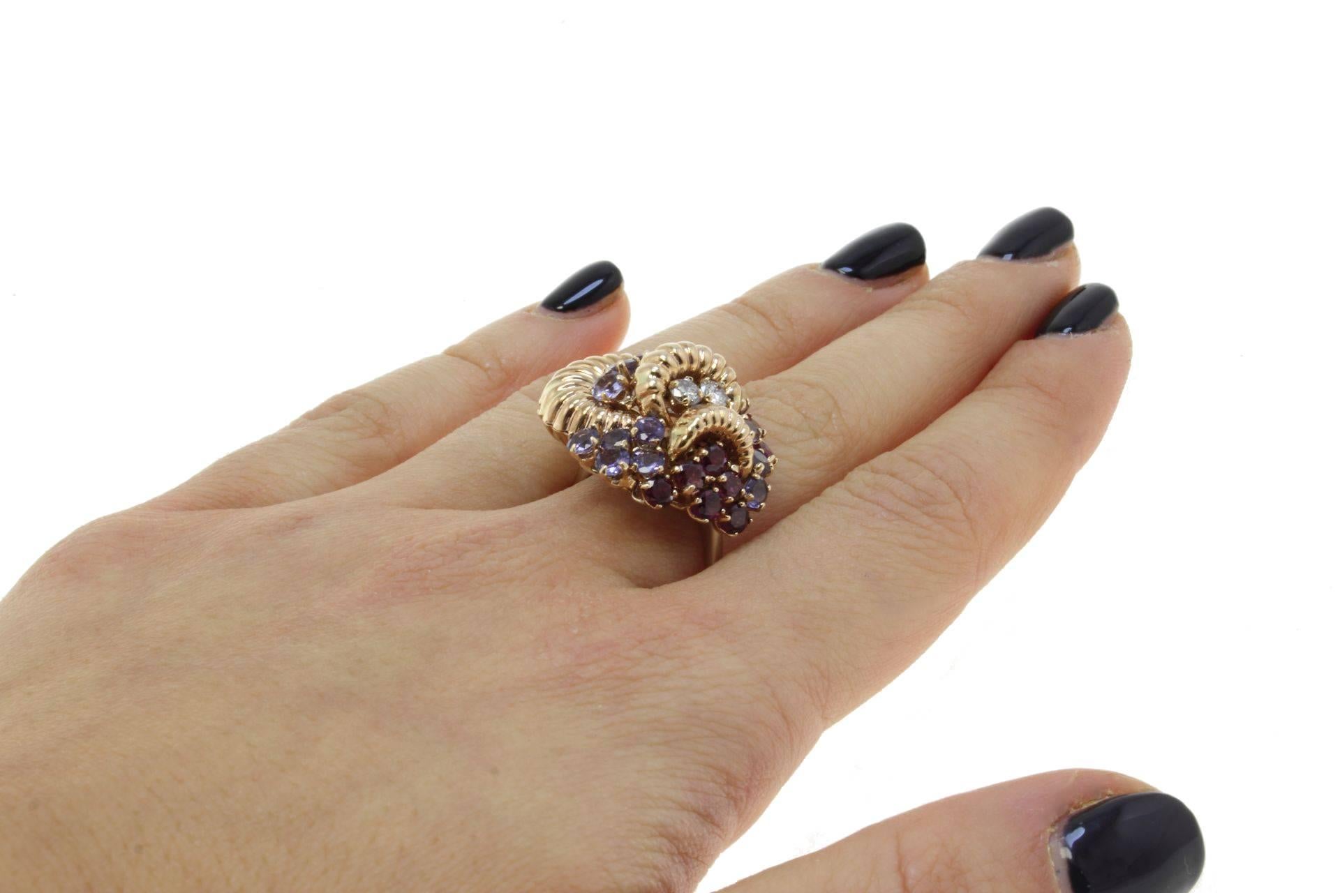 Rose Gold Garnets Ioliote and Diamonds Cluster Ring 1