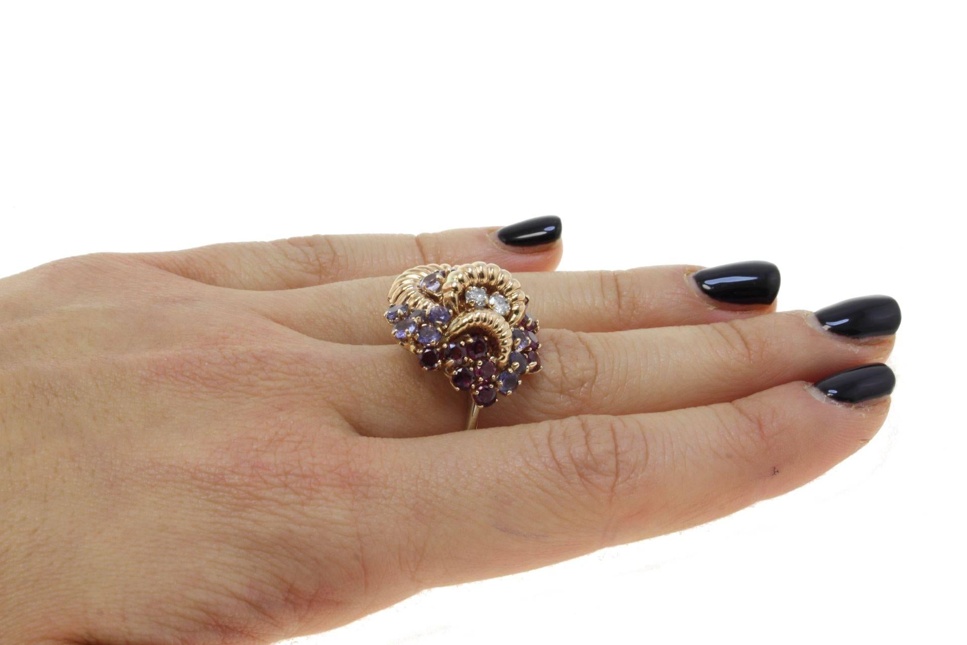 Rose Gold Garnets Ioliote and Diamonds Cluster Ring 2