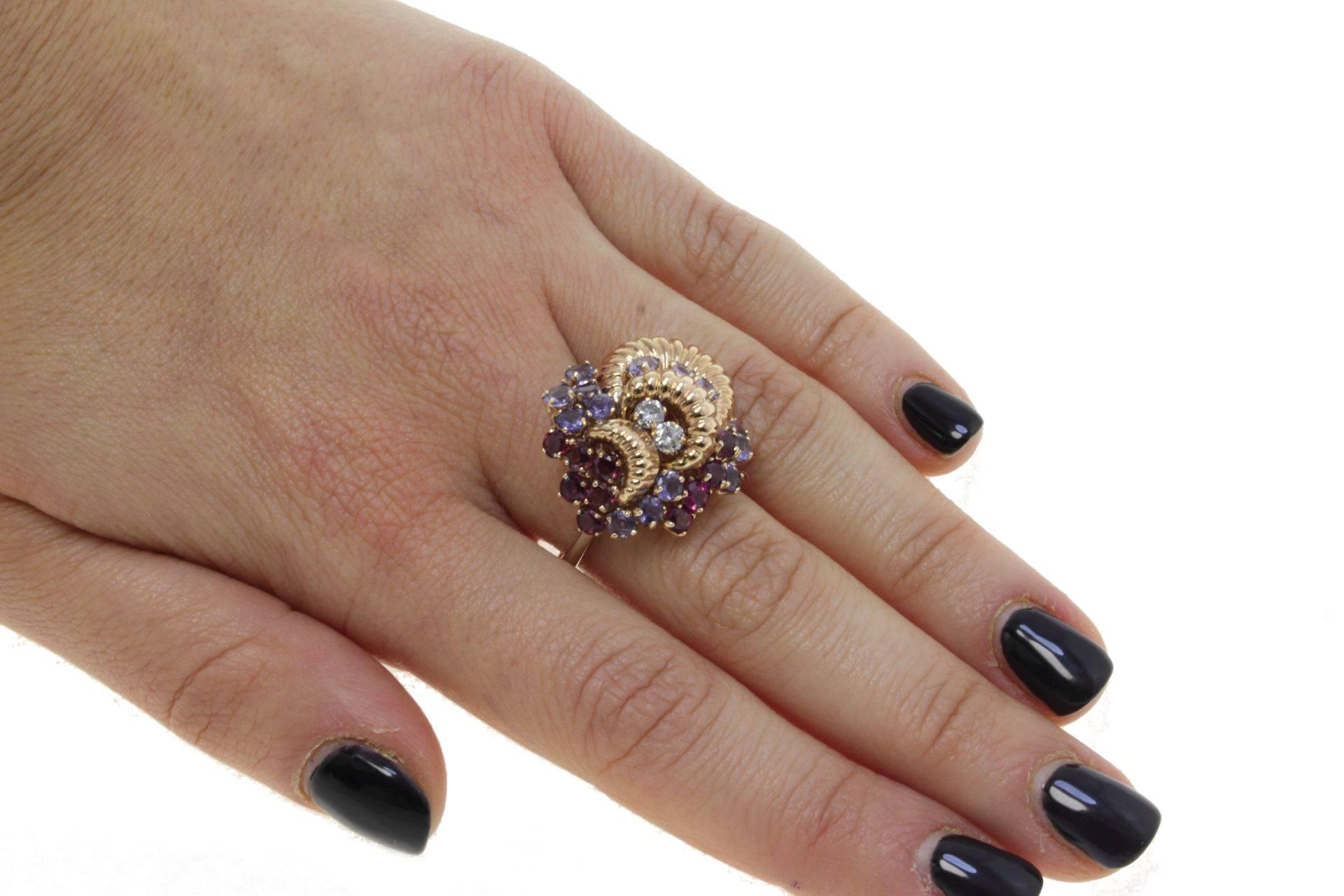 Rose Gold Garnets Ioliote and Diamonds Cluster Ring 3