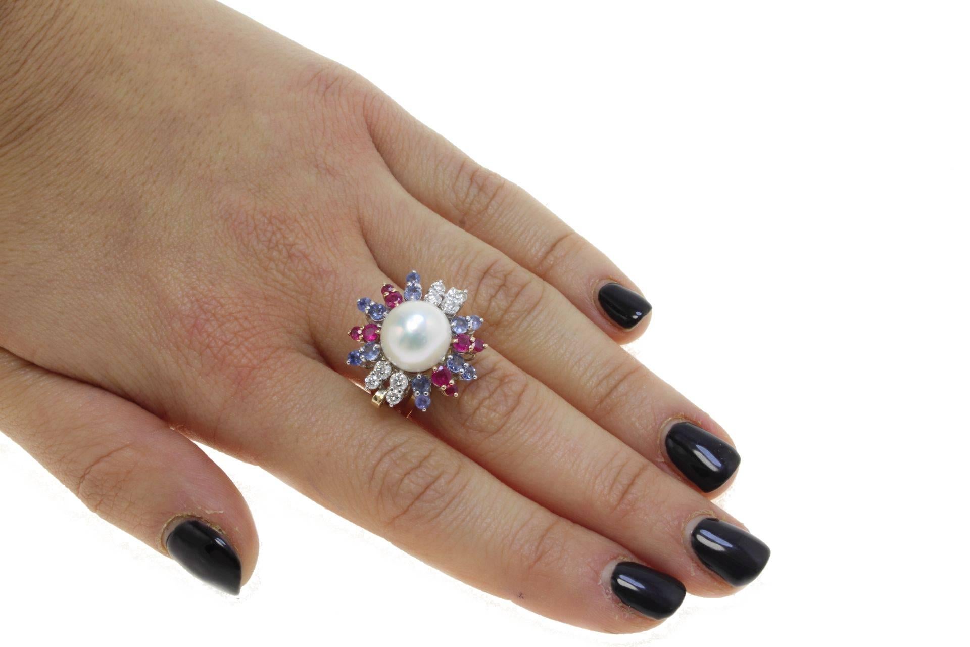 Retro Rose and White Gold Rubies Sapphire Diamonds and Australian Pearl Ring For Sale