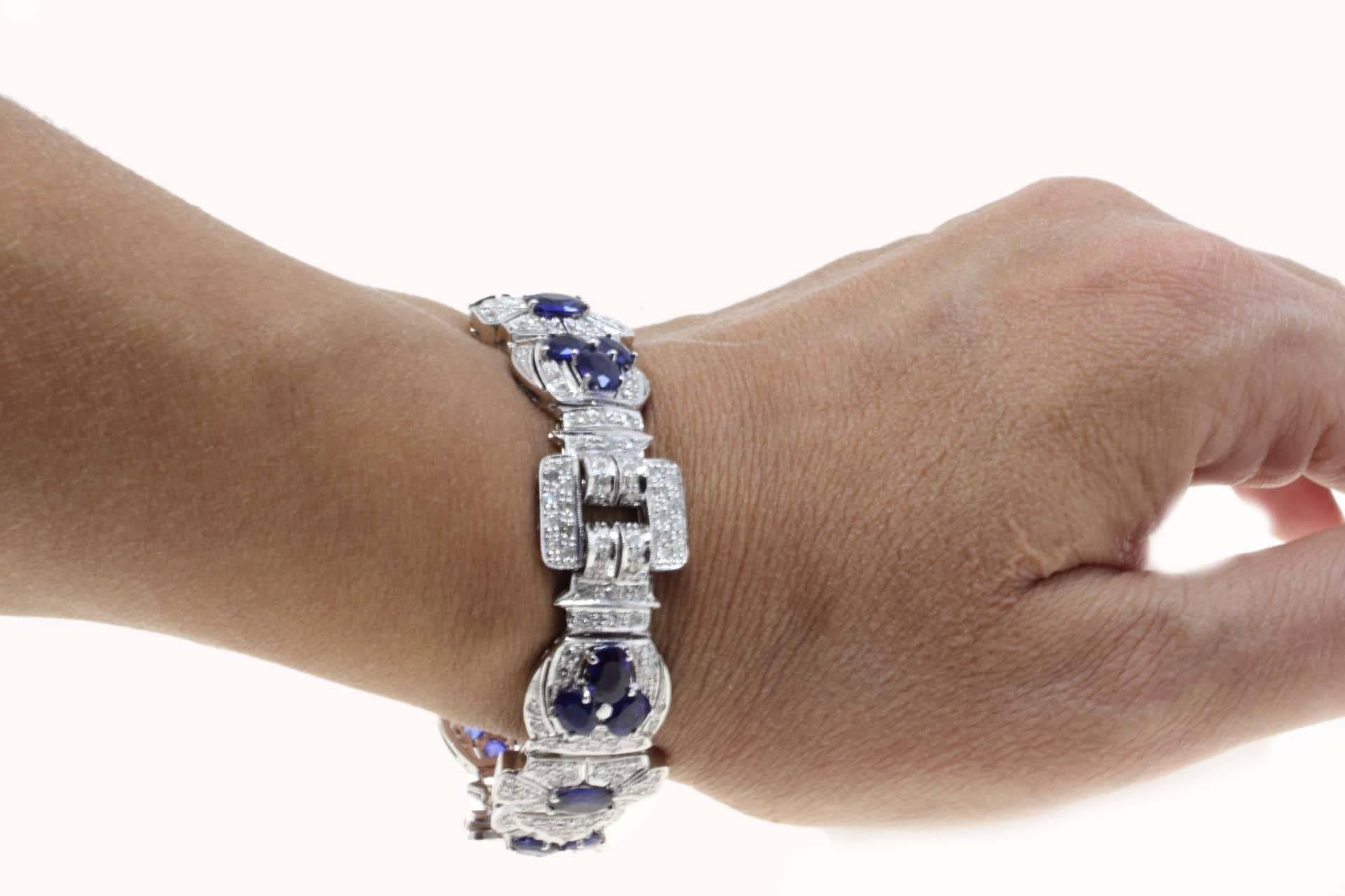 Diamonds Art Deco Style White Gold and Sapphires Bracelet 1