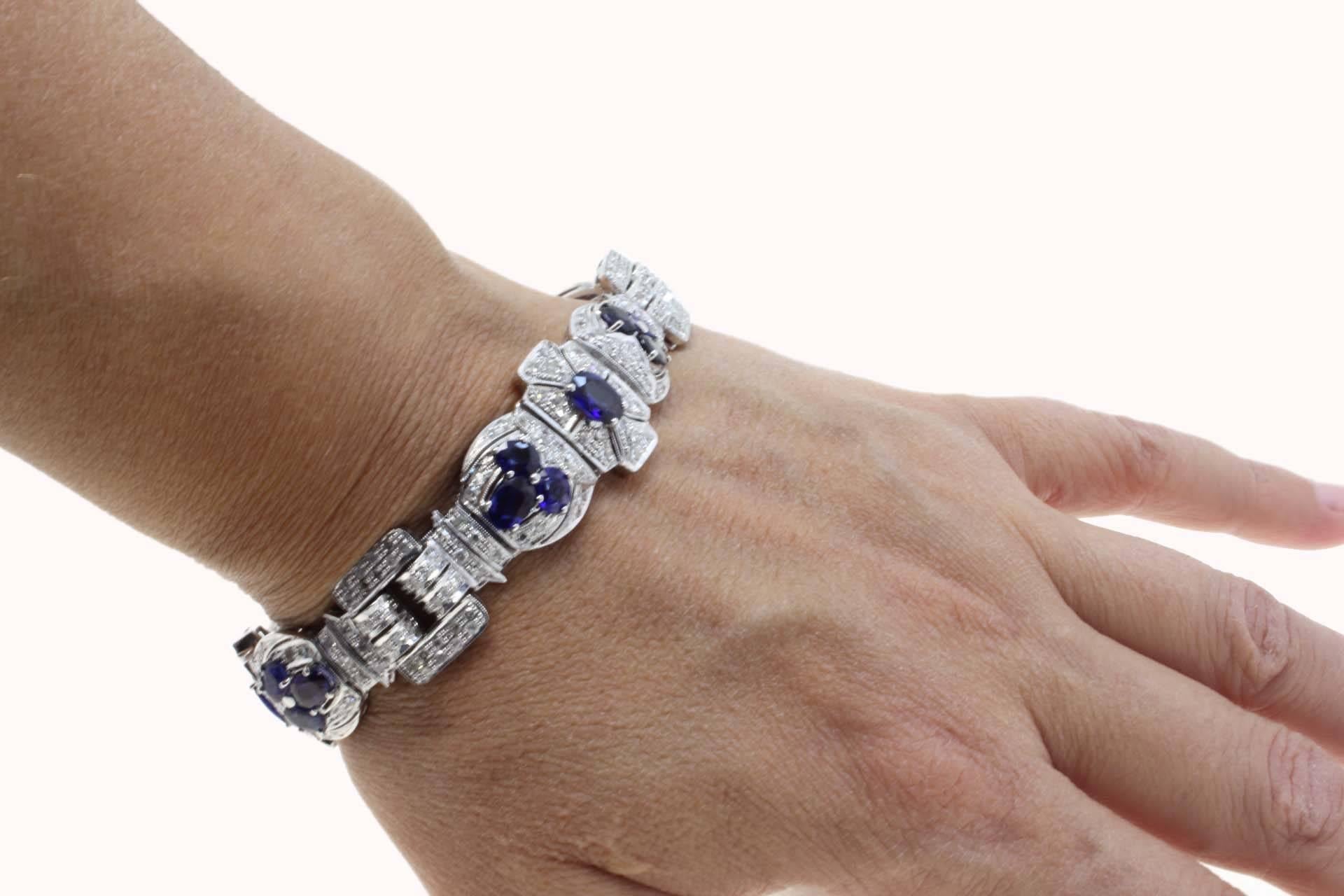 Diamonds Art Deco Style White Gold and Sapphires Bracelet In Good Condition In Marcianise, Marcianise (CE)