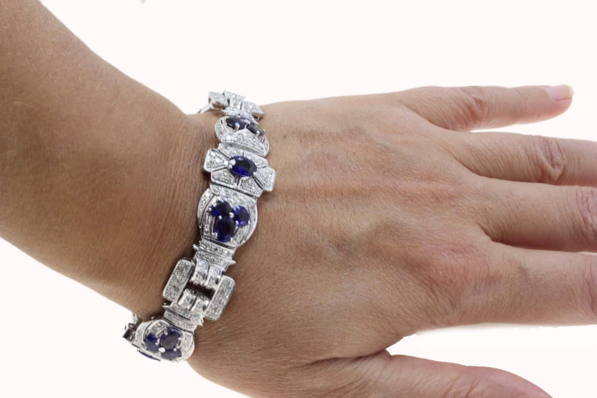 Women's or Men's Diamonds Art Deco Style White Gold and Sapphires Bracelet