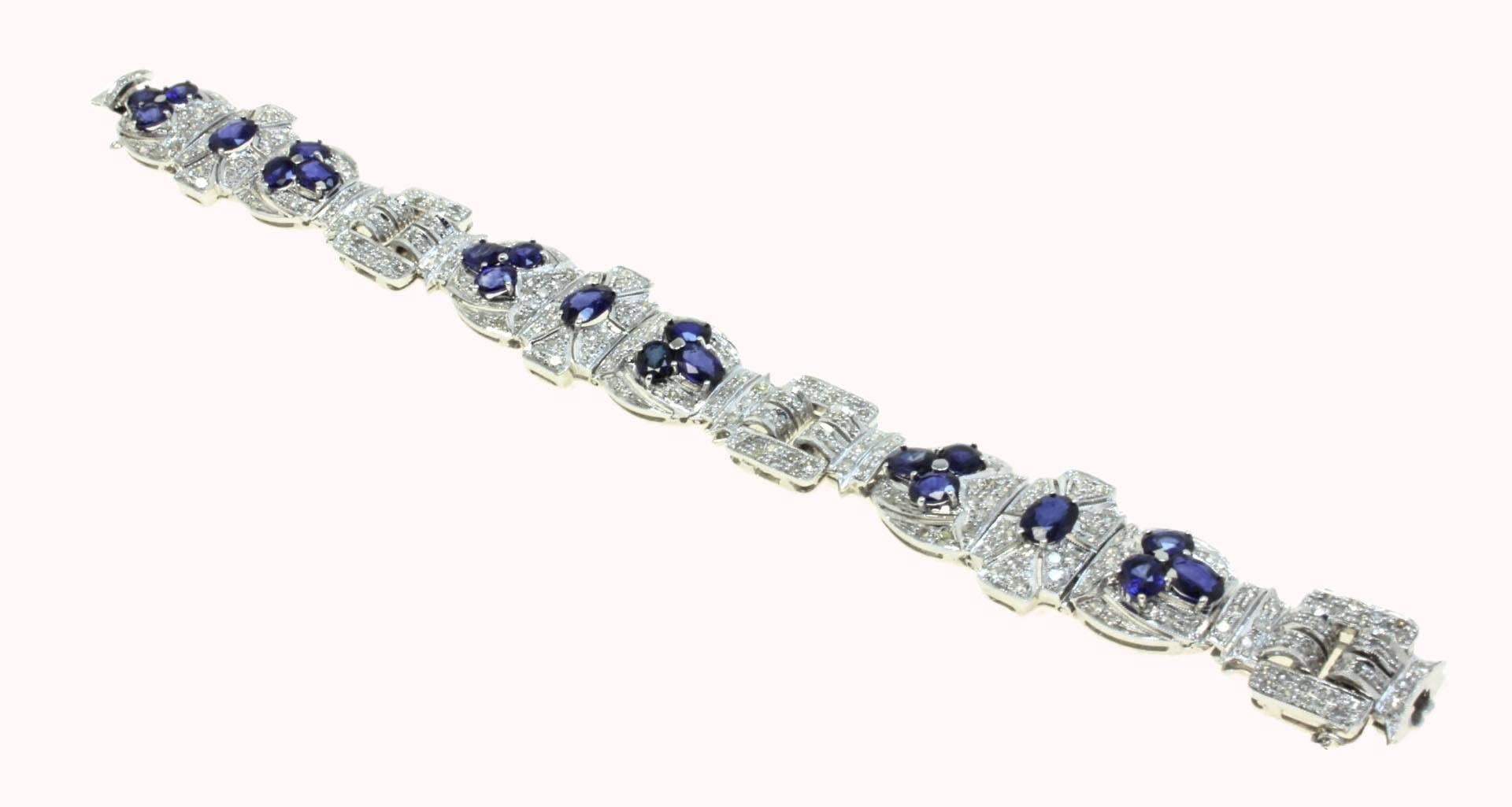 Retro Diamonds Art Deco Style White Gold and Sapphires Bracelet