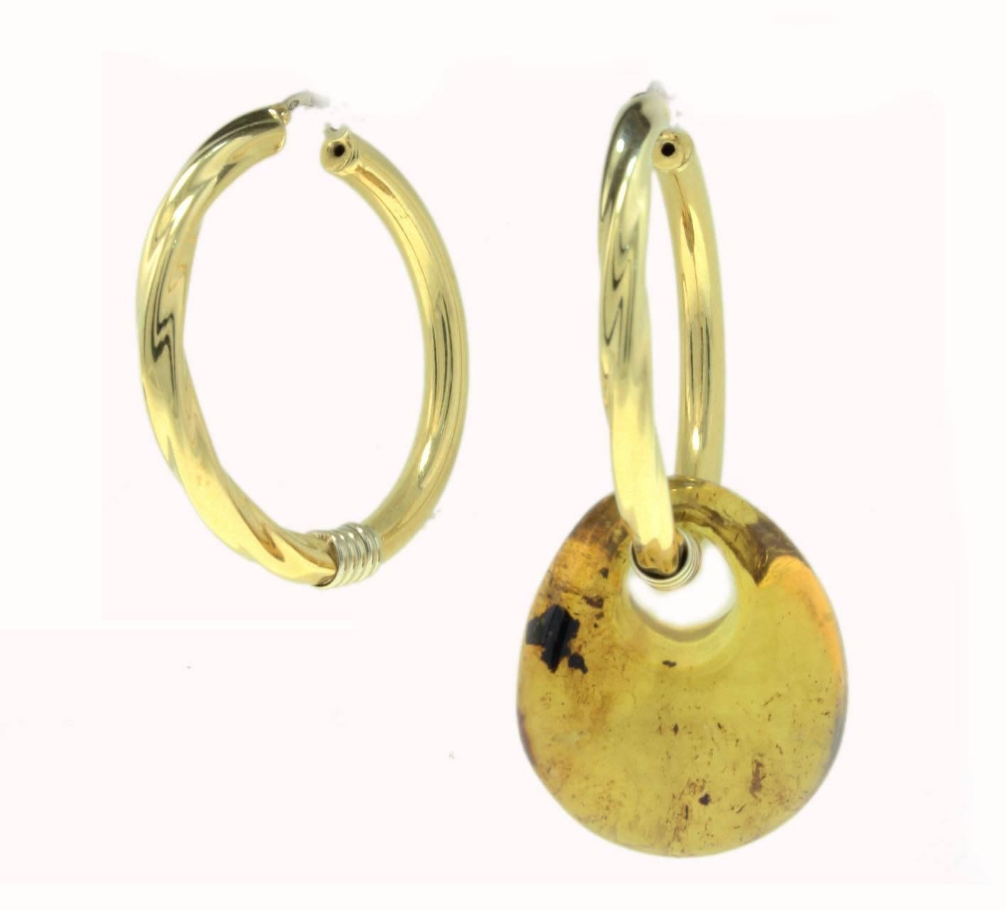 Retro Yellow Gold Green and Purple Quartz and Amber Hoop Earrings