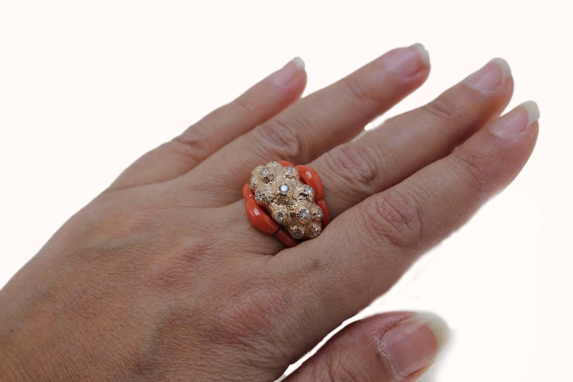 Women's or Men's Retro Rose Gold Diamonds and Coral Dome Ring For Sale