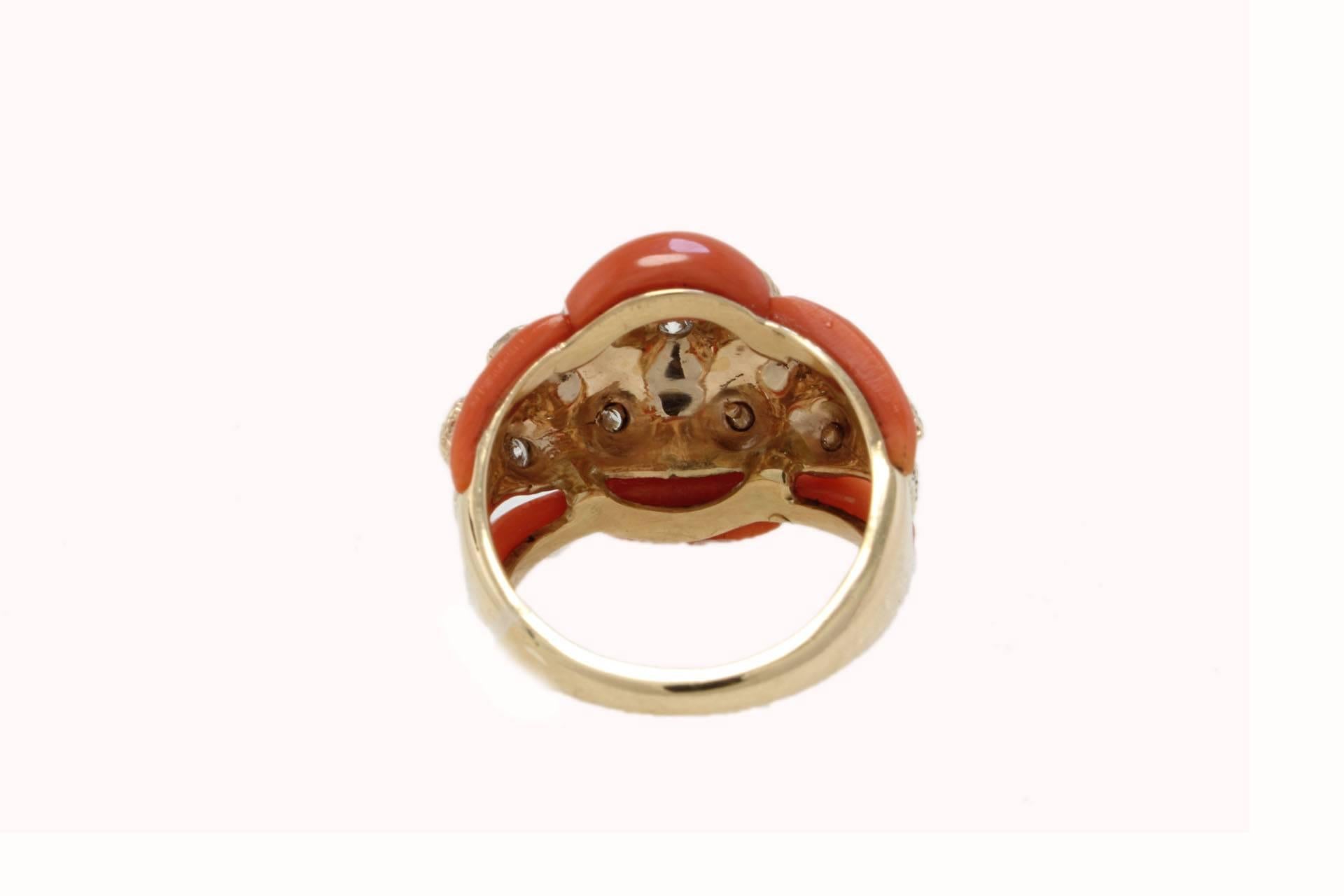 Brilliant Cut Retro Rose Gold Diamonds and Coral Dome Ring For Sale