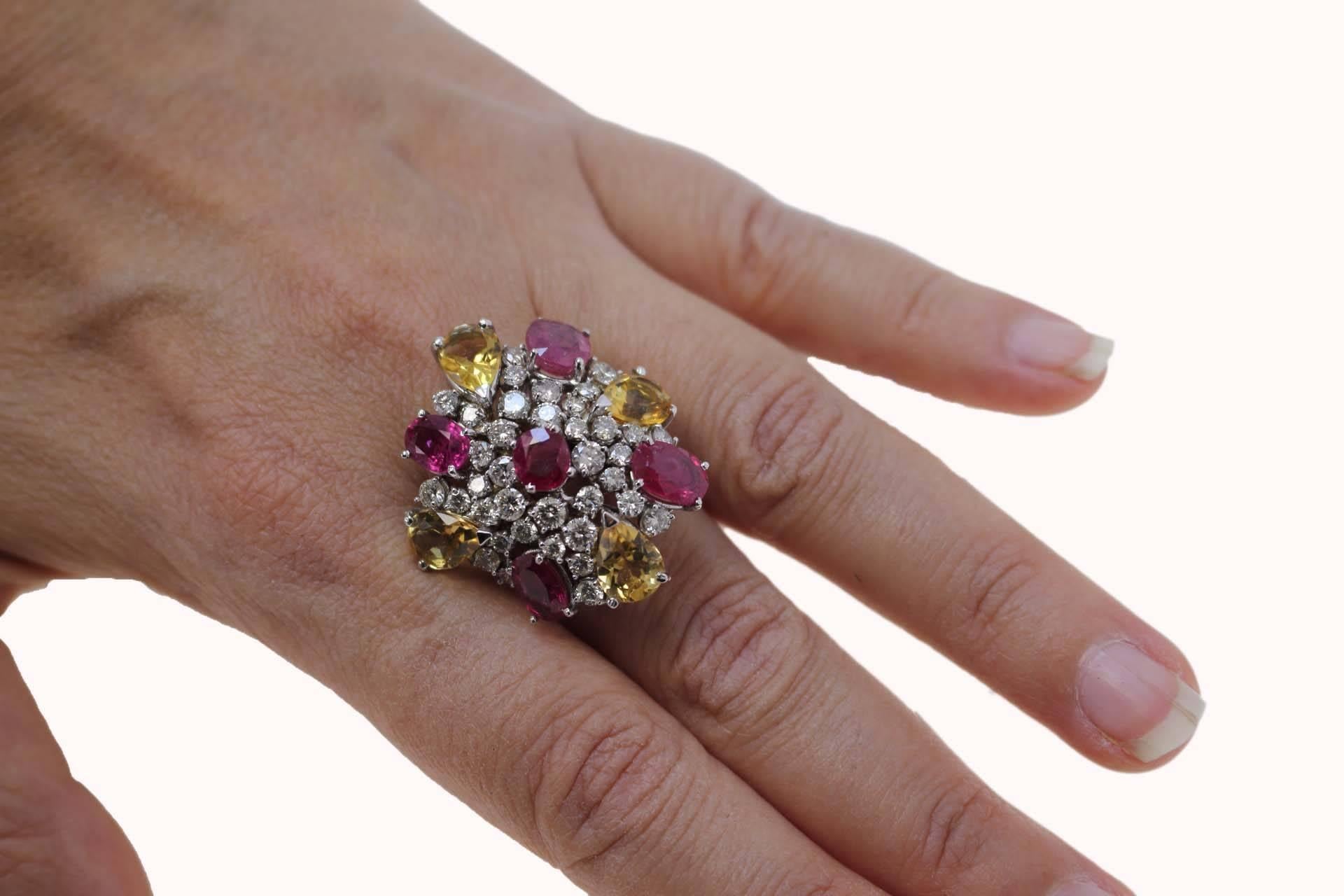Retro White Gold, Citrines, Diamonds and Rubies Cocktail Ring 1