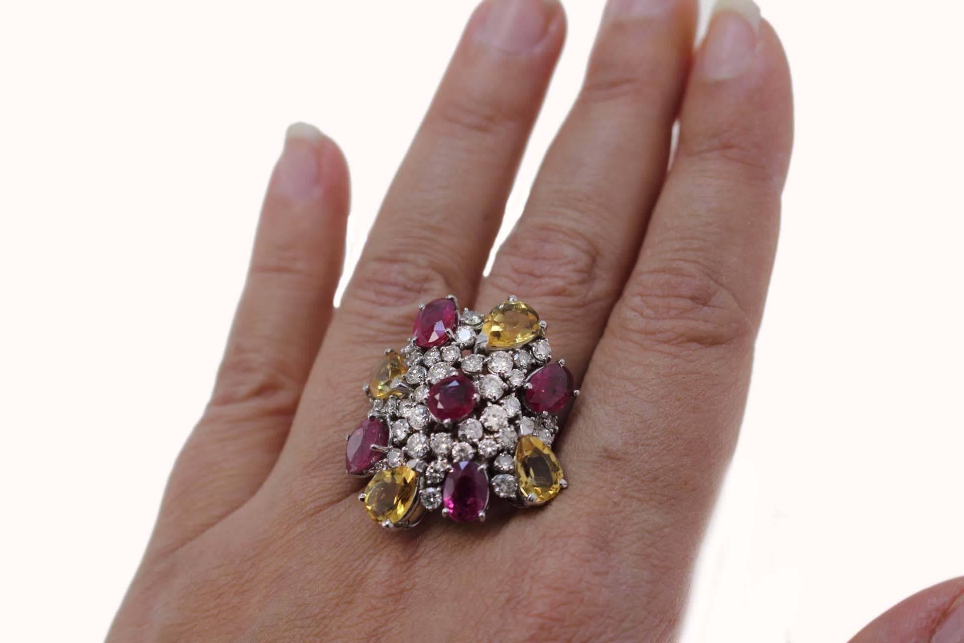 Retro White Gold, Citrines, Diamonds and Rubies Cocktail Ring 2