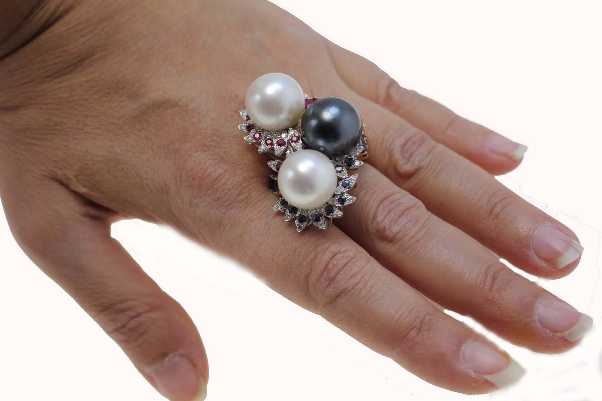 Women's or Men's Retro Rose White and Yellow Gold Diamonds Rubies Sapphires and Pearls Ring