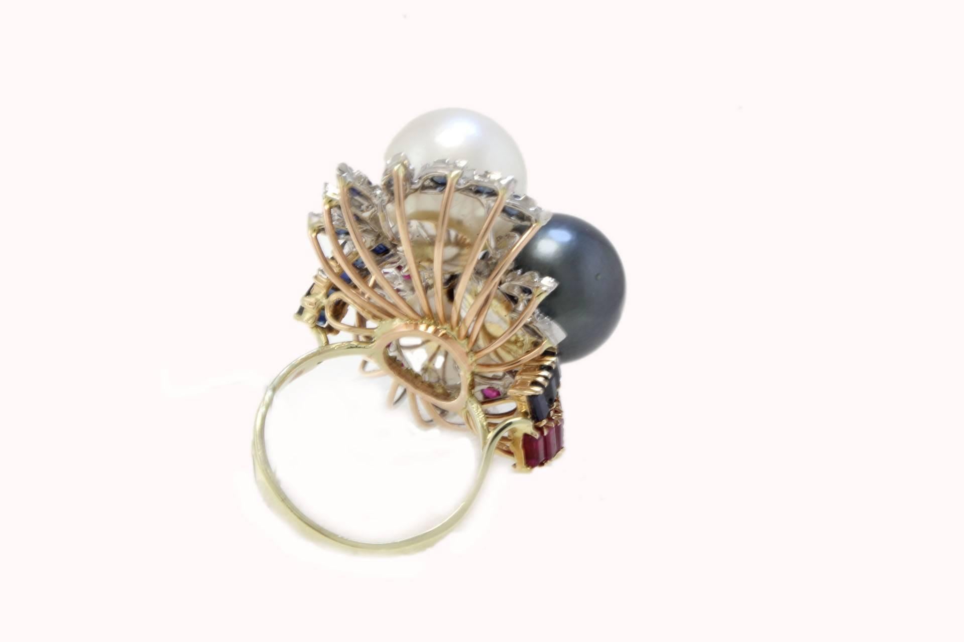 Mixed Cut Retro Rose White and Yellow Gold Diamonds Rubies Sapphires and Pearls Ring