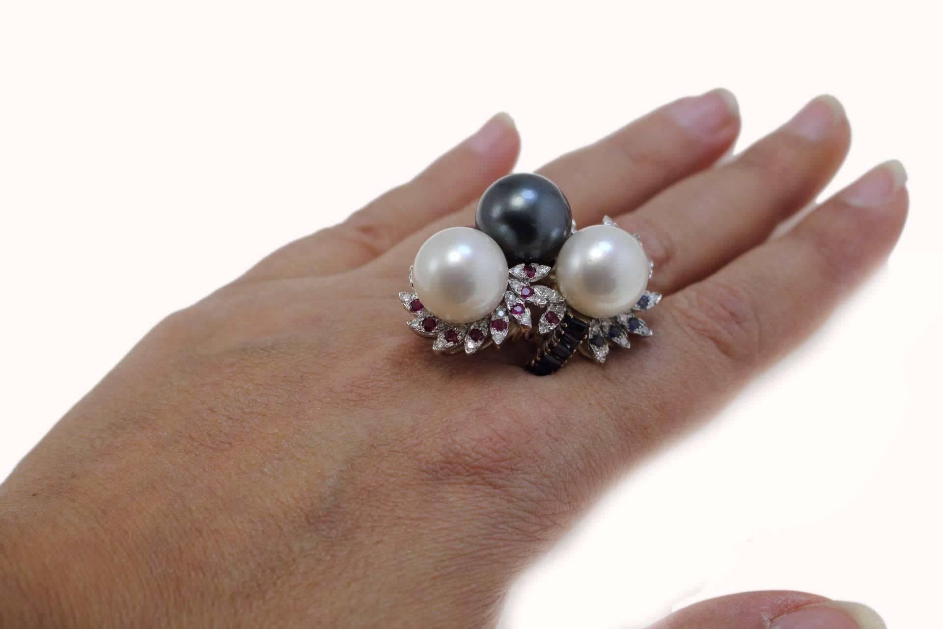 Retro Rose White and Yellow Gold Diamonds Rubies Sapphires and Pearls Ring 1