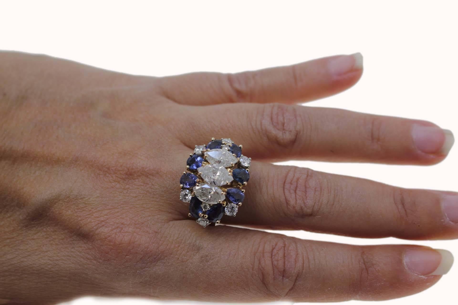 Women's or Men's Retro Yellow and Rose Gold 3, 97 carat Diamonds 3, 55 carat  Blue Sapphires Ring