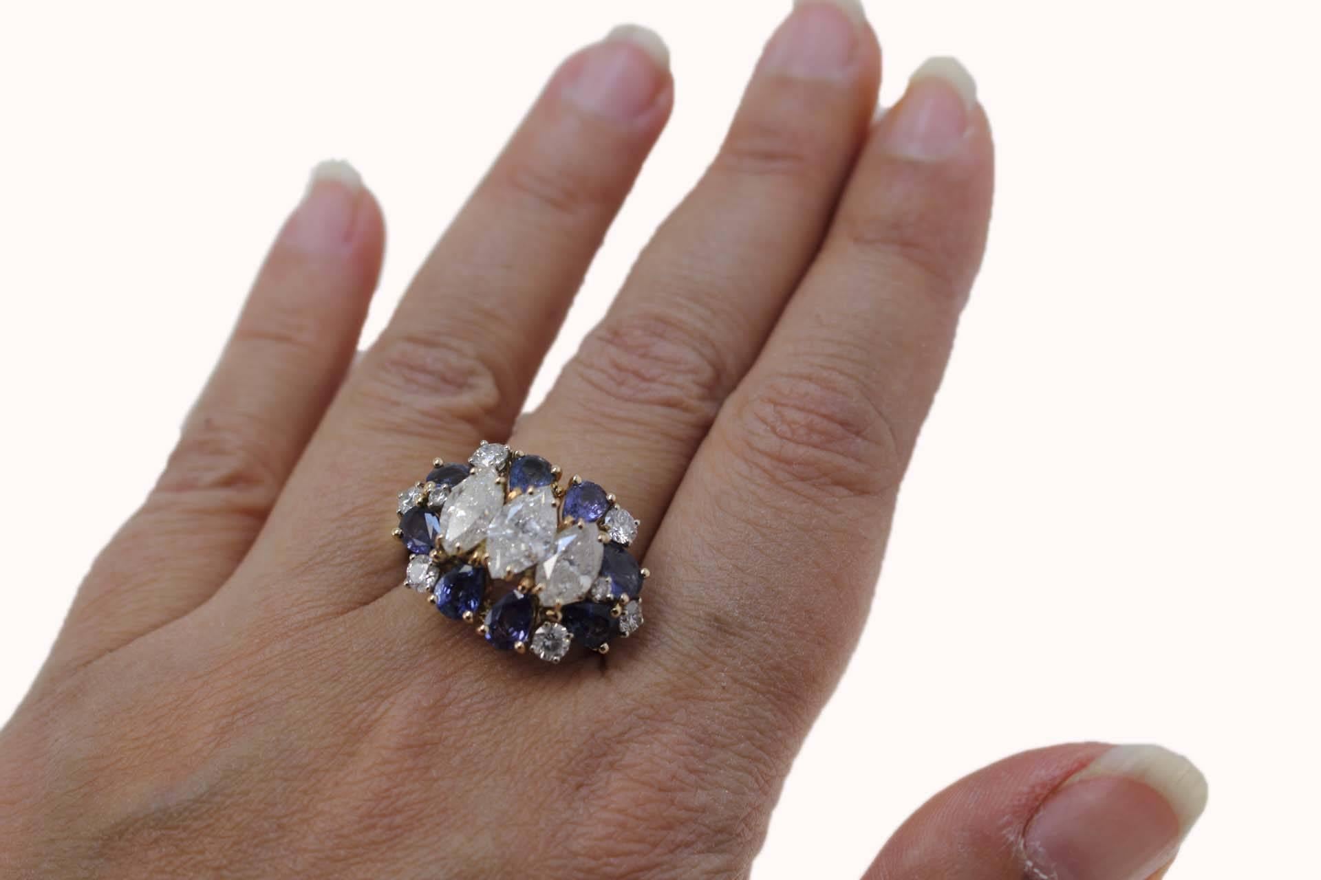 Marquise Cut Retro Yellow and Rose Gold 3, 97 carat Diamonds 3, 55 carat  Blue Sapphires Ring
