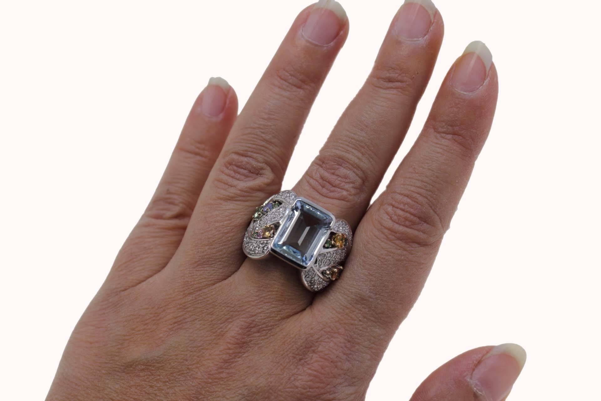 Contemporary White Gold Diamonds Sapphires Aquamarine Ring For Sale 1