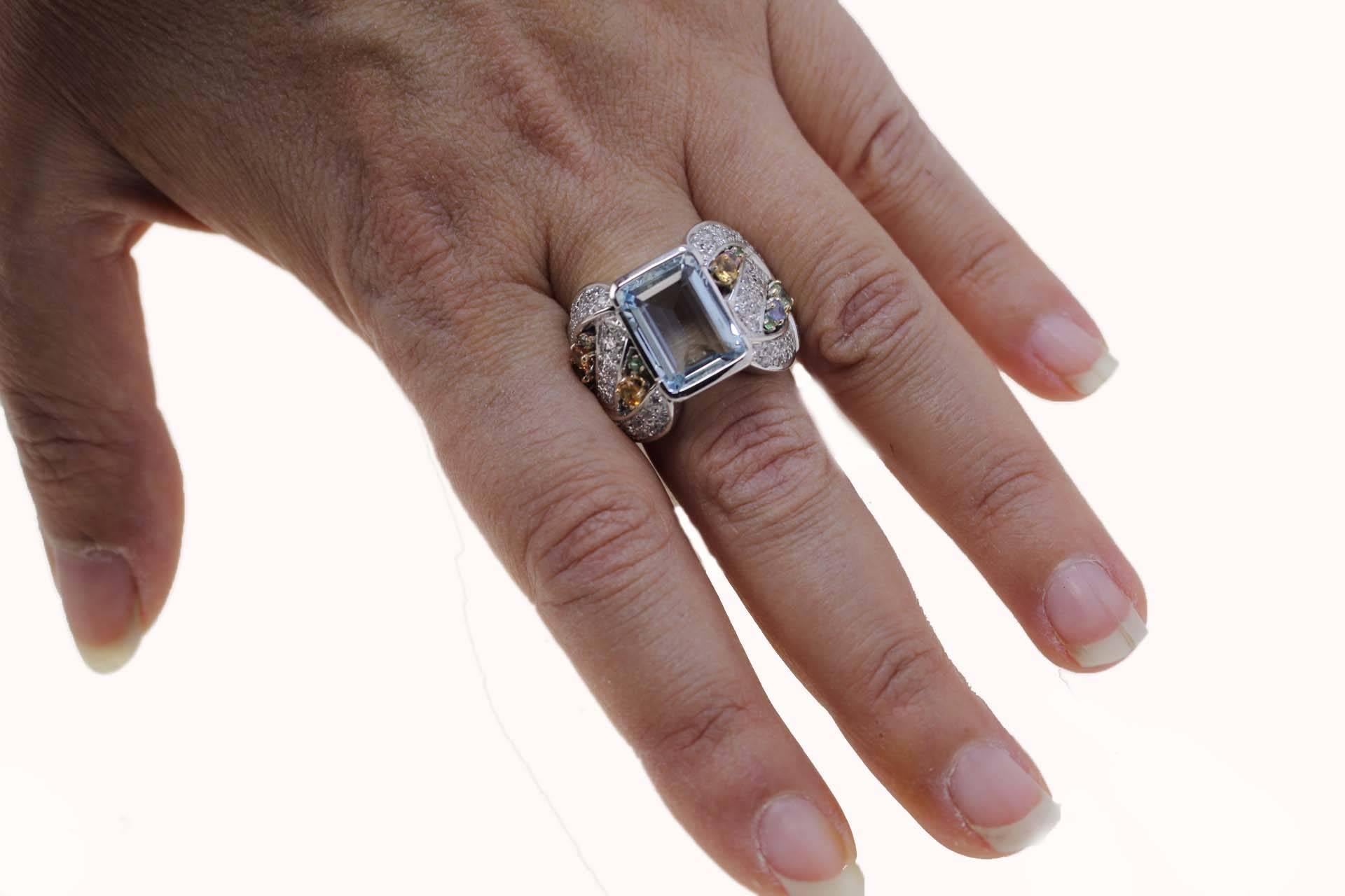 Contemporary White Gold Diamonds Sapphires Aquamarine Ring For Sale 2