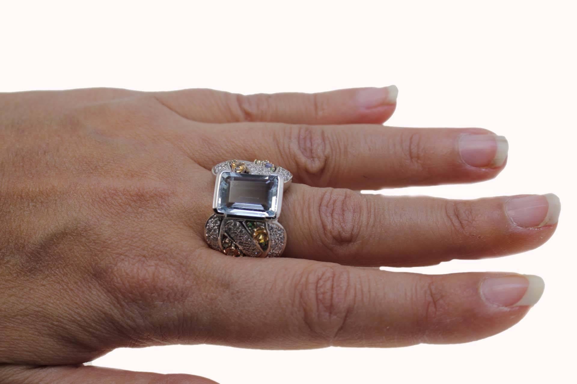 Women's or Men's Contemporary White Gold Diamonds Sapphires Aquamarine Ring For Sale