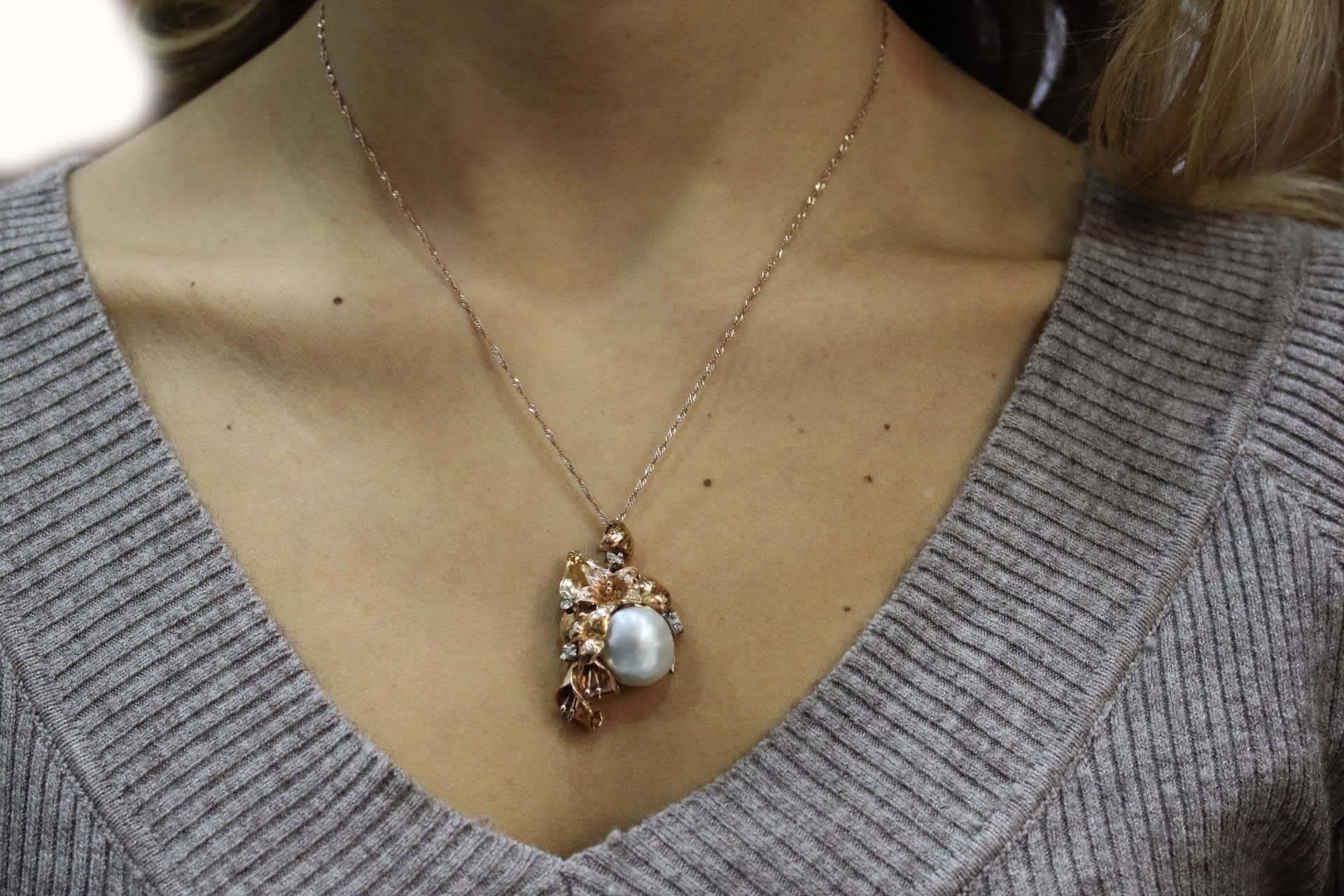 Retro  Rose Gold Diamonds and Baroque Pearl Necklace or Pendant