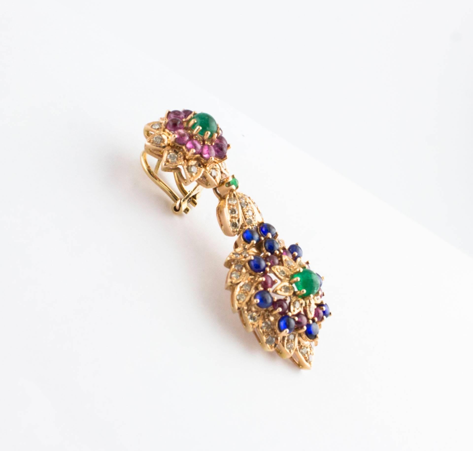 Emerald Cut Diamonds Sapphires Rubies Emeralds Rose Gold Dangling Earrings