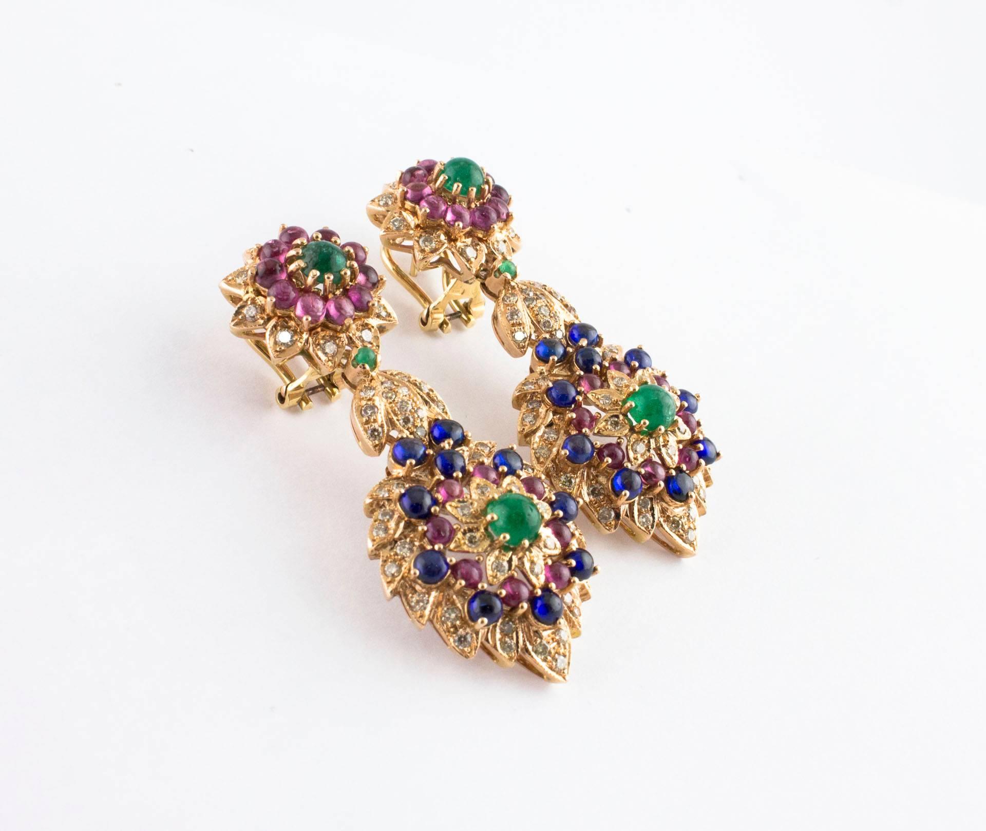 Retro Diamonds Sapphires Rubies Emeralds Rose Gold Dangling Earrings