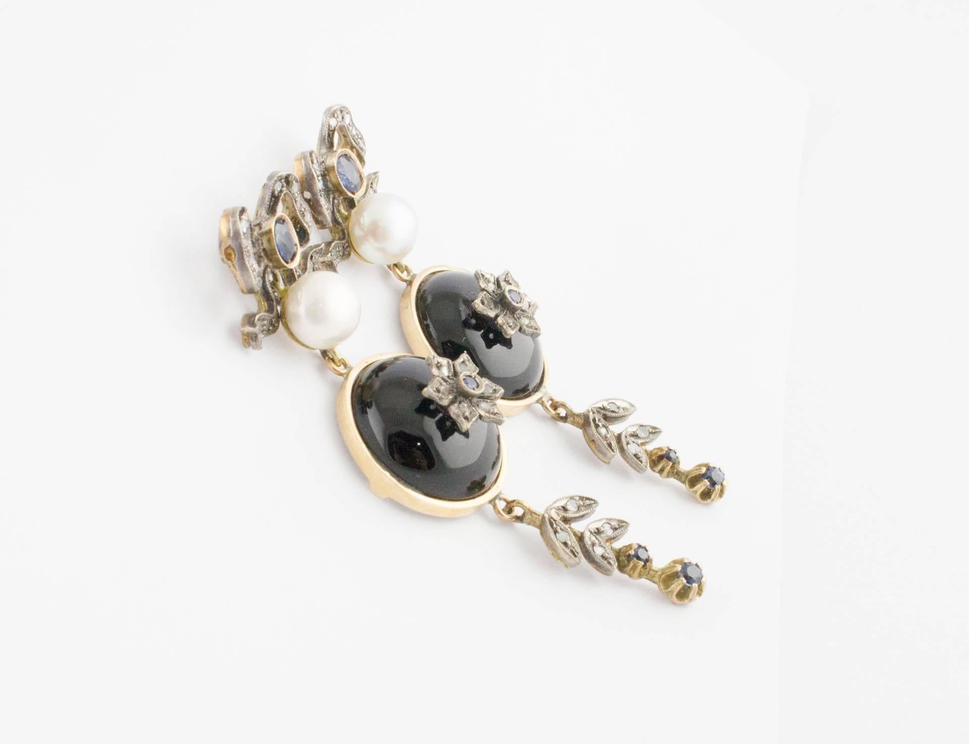 Victorian Sapphire Diamonds Rose Gold and Silver Dangling Earrings