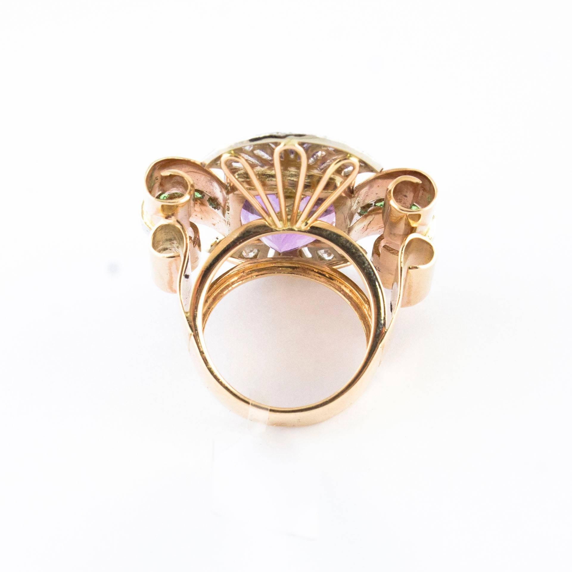 Retro Amethyst Diamond Tsavorite Rose and White Gold Ring For Sale
