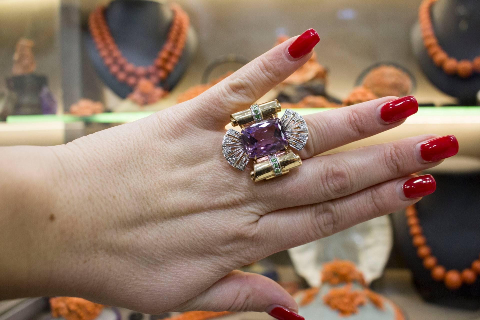 Mixed Cut Amethyst Diamond Tsavorite Rose and White Gold Ring For Sale